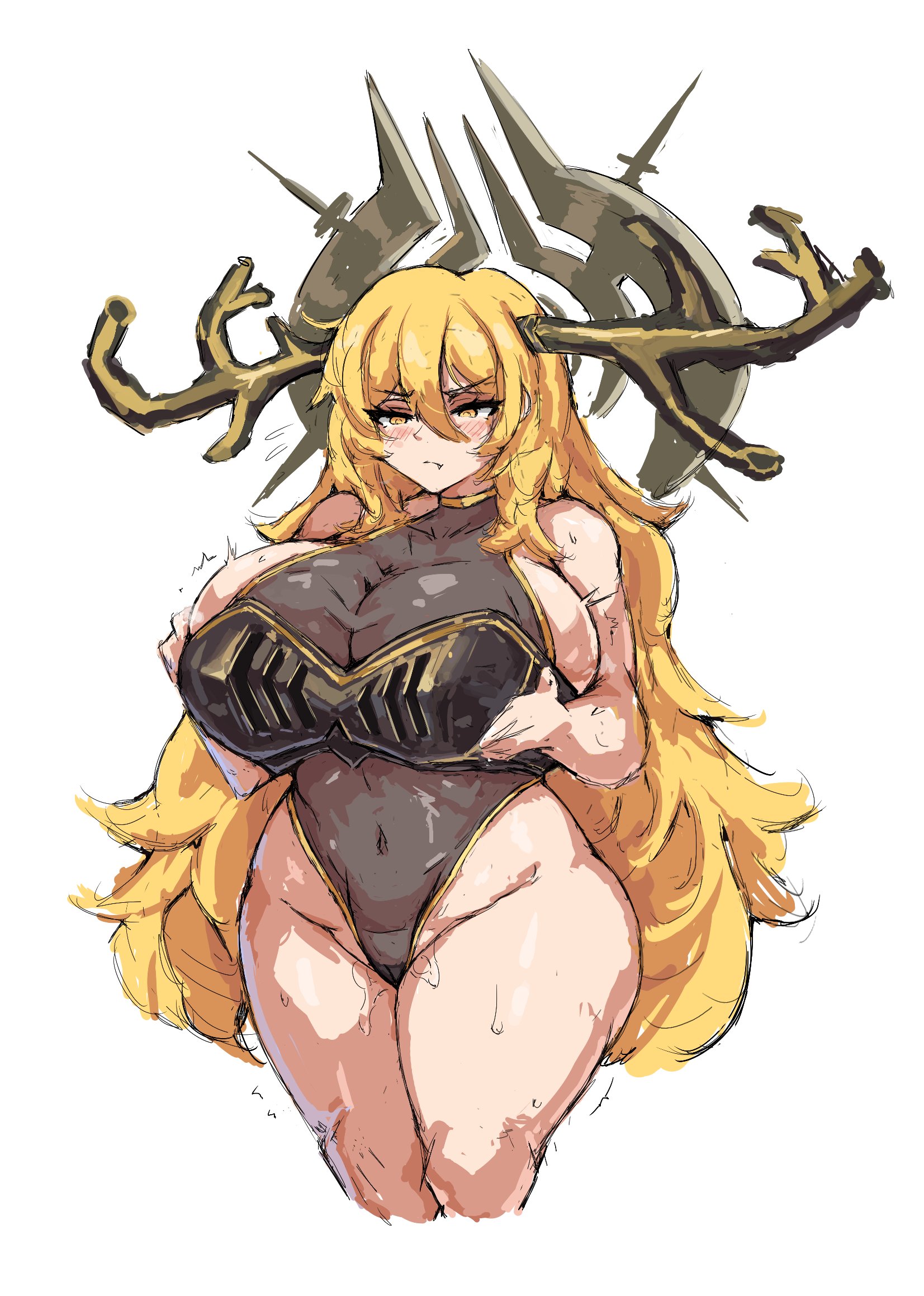 1girls, armor, breasts bigger than head, curvy, curvy figure, don quixote (limbus company), female focus, female only, grabbing own breast, horns, huge breasts, leotard, limbus company, littleteze, long hair, pouting, project moon, pussy juice, skimpy, skimpy clothes, solo, solo female, solo focus, thick thighs, white background, wide hips, yellow hair
