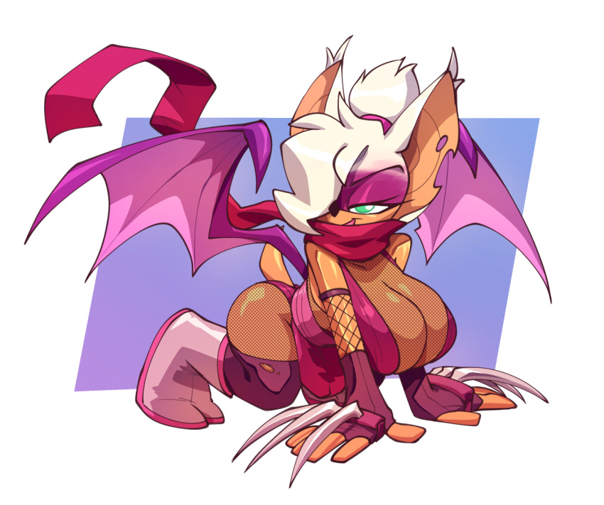 all fours, anthro, bat, big breasts, bigdad, breasts, chiropteran, claws, cleavage, clothed, clothing, female, fur, furry, furry only, hair, hair over eye, huge breasts, large breasts, mammal, ninja, one eye obstructed, rouge the bat, scarf, shortstack, solo, sonic (series), sonic the hedgehog (series), tail, warrior, wings