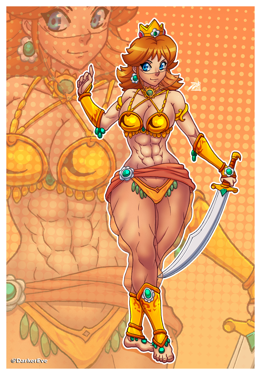 abs, arabian clothes, barefoot, bikini, breasts, brown hair, crown, darkereve, female, female only, flower earrings, gold crown, golden crown, harem girl, harem outfit, harem pants, mario (series), metal bra, muscular, muscular female, nintendo, orange hair, princess daisy, short brown hair, short hair, short orange hair, solo, solo female, sword, tagme, tomboy