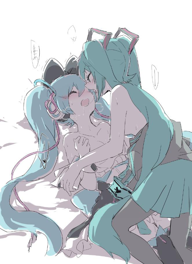 2girls, after kiss, breasts, dress, female, hatsune miku, medium breasts, nejikyuu, only female, selfcest, twintails, vocaloid, yuri
