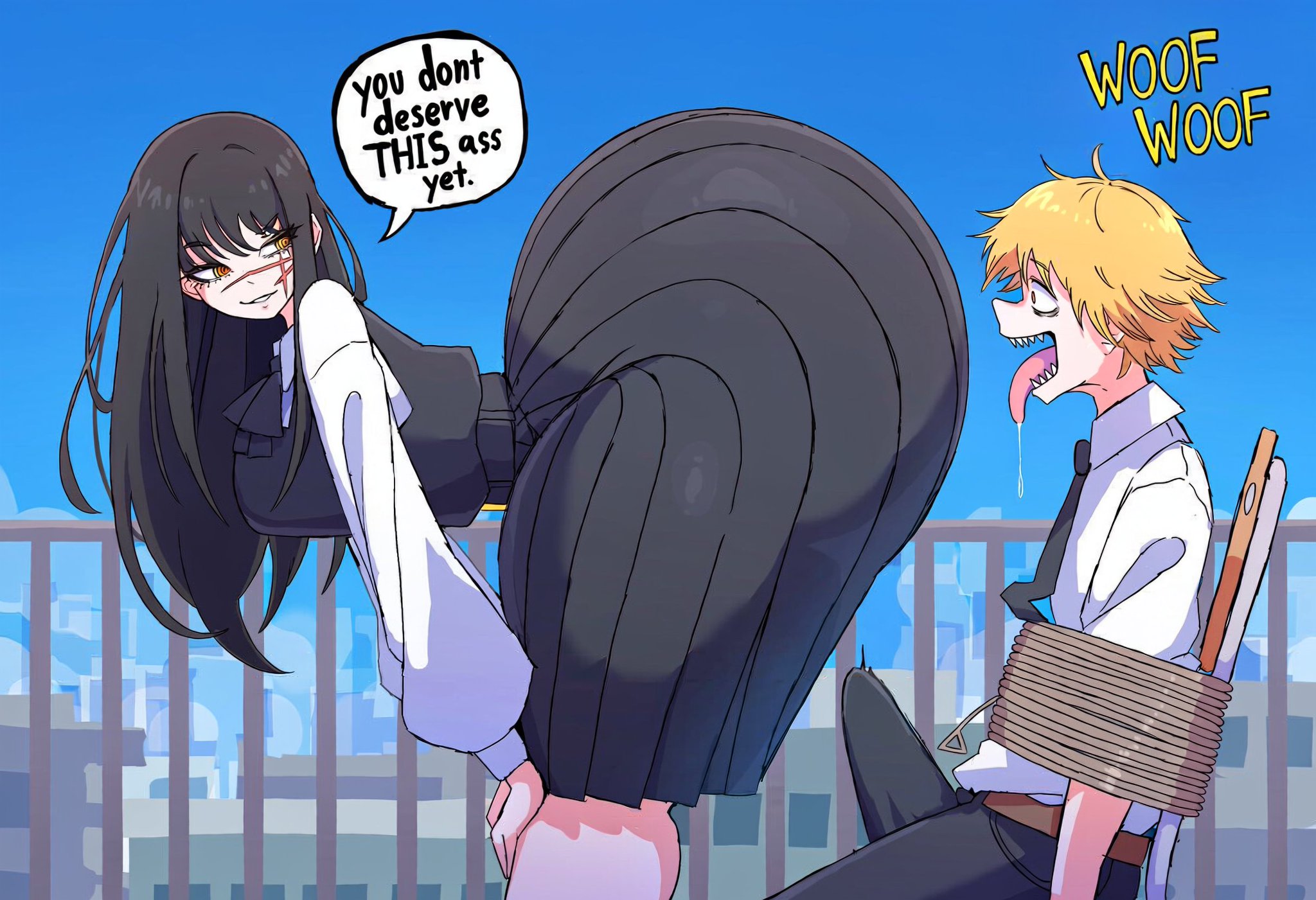ass bigger than head, big ass, chainsaw man, denji (chainsaw man), erection, hyper, hyper ass, looking pleasured, teasing, xylobuttz, yoru (chainsaw man)