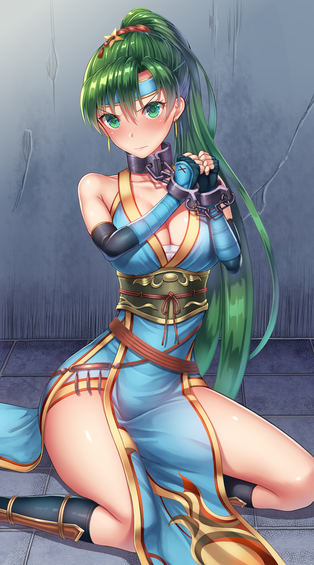 1girls alternate_costume angry bare_legs bare_shoulders bare_thighs blush bondage bound bound_wrists captured chains cleavage collar collarbone defeated earrings fingerless_gloves fire_emblem fire_emblem:_the_blazing_blade fire_emblem_heroes gangbang gangrape gloves green_eyes green_hair handcuffs kneeling large_breasts long_hair looking_at_viewer lyn_(fire_emblem) lyn_(ninja)_(fire_emblem) nigmantin nigmatullin ninja nintendo ponytail rape restrained slave solo solo_female thick_thighs