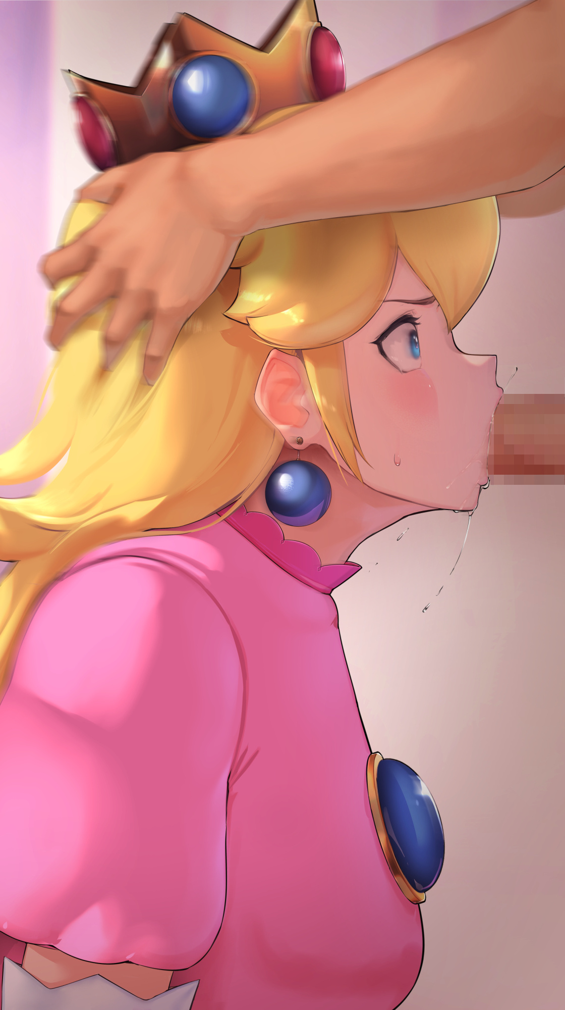 1boy, 1girls, 2021, bangs, blonde hair, blowjob, blue eyes, blush, censored, censored penis, clothed, clothed female nude male, clothing, crown, deepthroat, earrings, fellatio, female, female focus, fringe, grabbing, hi res, high resolution, highres, hizake, irrumatio, jewelry, kashu (hizake), long hair, looking at another, male, mario (series), mosaic censoring, nintendo, oral, oral sex, partial male, penis, princess peach, saliva, saliva drip, sex, side view, simple background, sucking, sucking penis, sweat, sweatdrop, throat bulge, throat fuck, wide eyed