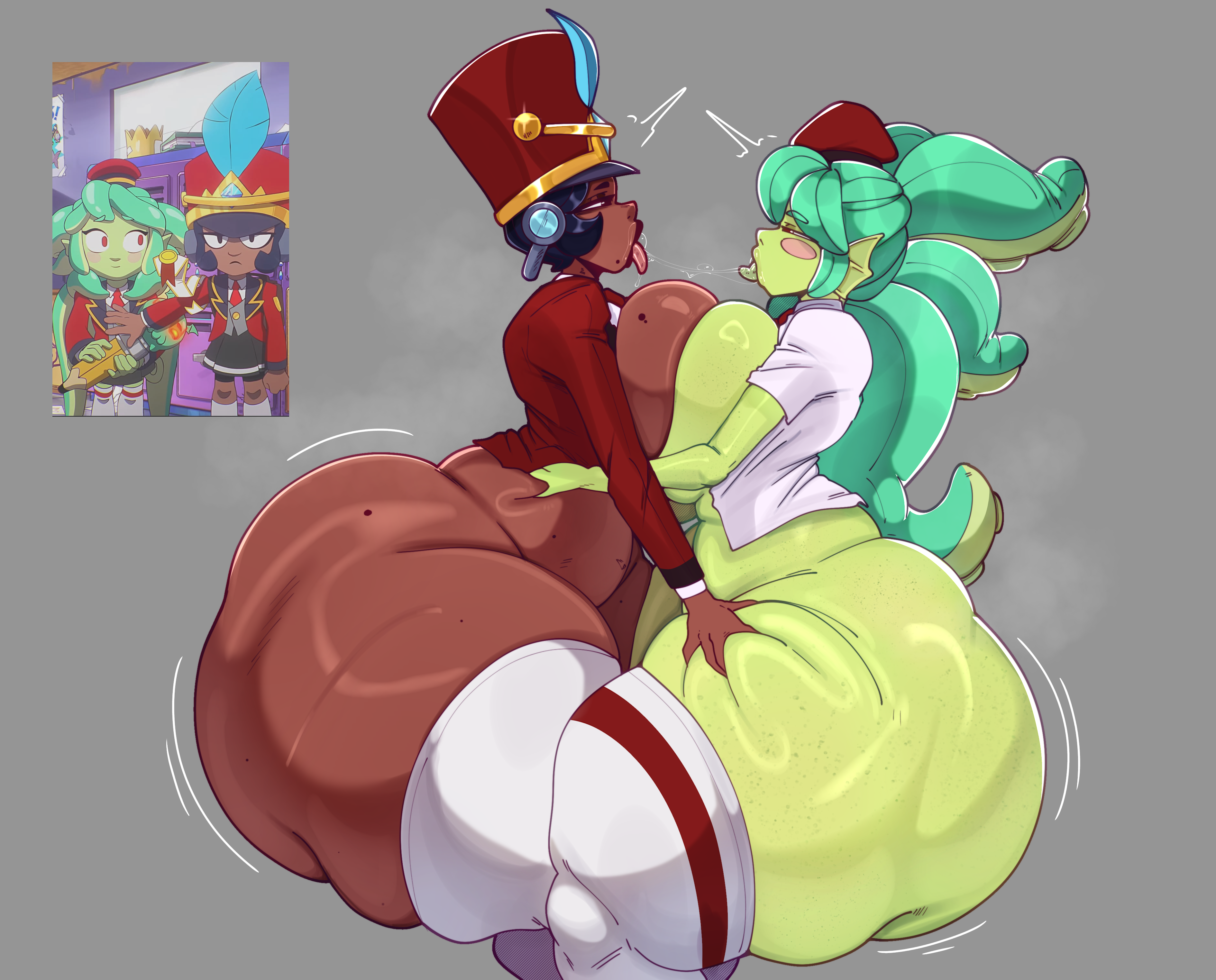 2girls, academy mandy (brawl stars), after kiss, ame momos, ass, big ass, big breasts, big thighs, bimbo, bimbo lips, black eyes, black hair, black lipstick, black-haired female, blue eyeshadow, bottomless, brawl stars, breasts, bubble, collar, dark skin, dark-skinned female, duo, eyebrows visible through hair, eyelashes, eyeshadow, female, female focus, female only, freckles, freckles on ass, freckles on breasts, freckles on thighs, gigantic ass, gigantic thighs, grabbing, grabbing thighs, green hair, green skin, green-haired female, green-skinned female, grey background, half-closed eyes, hand on hip, hand on thigh, hand on waist, hat, huge ass, huge breasts, huge thighs, hyper, hyper ass, jacket, kiss, lesbian, lipstick, looking at partner, mandy (brawl stars), mole, mole on ass, mole on breast, mole on face, mole on thigh, mole under mouth, monster, monster girl, najia (brawl stars), necktie, open shirt, partially clothed, partially clothed female, red eyes, red hat, red jacket, reference image, saliva, saliva bubble, saliva string, saliva trail, shiny skin, shirt, simple background, sloppy kiss, steam, steaming body, steamy breath, stockings, tentacle, tentacle hair, textless, thick, thick ass, thick thighs, thigh grab, thighhighs, tongue, tongue out, waist, waist grab, white shirt, white stockings, white thighhighs, wide hips, yuri