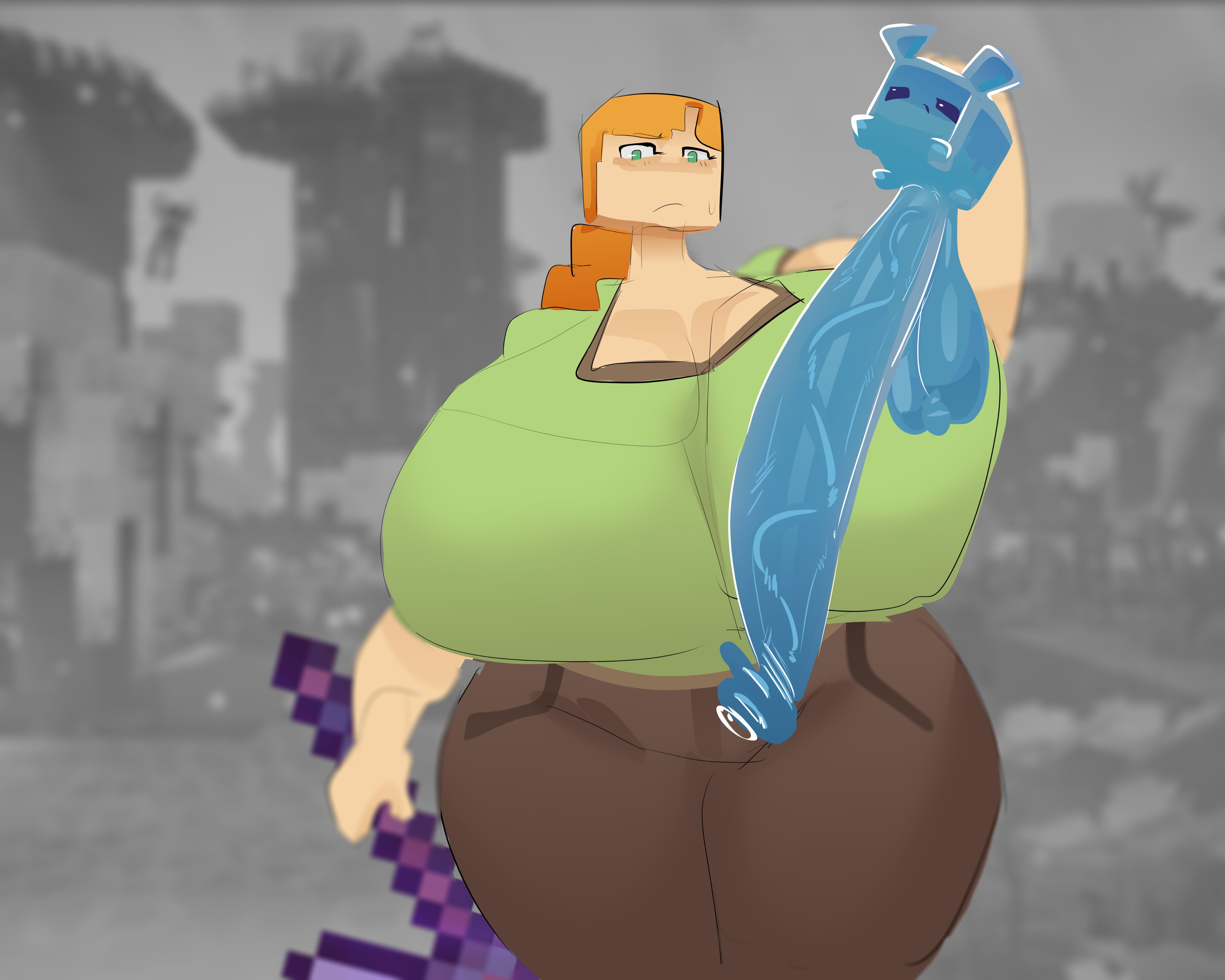 1girls, alex (minecraft), balls bigger than head, blub (minecraft), boobs, breasts, breasts bigger than head, cock, dick, female, genitals, greaseyhair, large balls, large boobs, large breasts, large penis, large testicles, large tits, male, minecraft, orange hair, orange hair female, penis, penis bigger than body, penis bigger than head, tits, woman