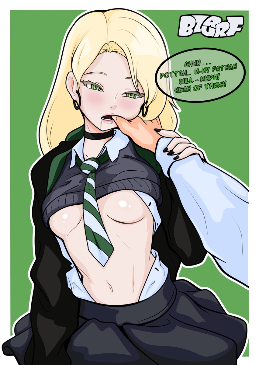 1boy, 1girls, draco malfoy, draco malfoy (redteneri), hands on mouth, harry potter, school uniform