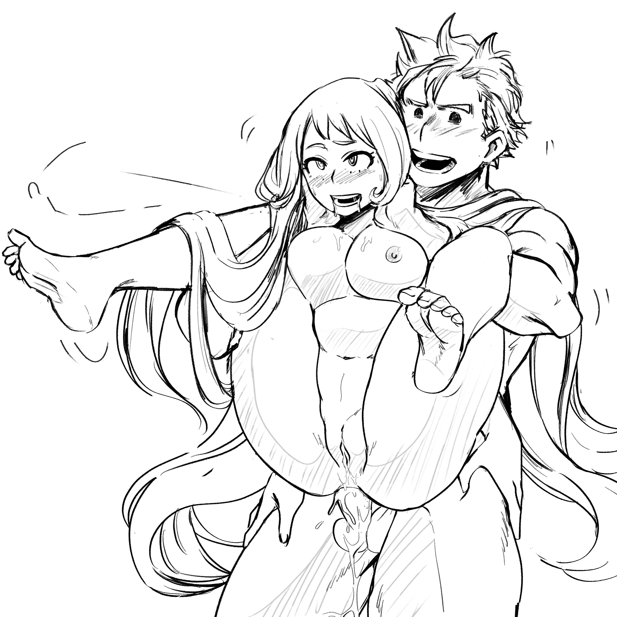 1boy, 1girls, anal, anal sex, ass, big breasts, breasts, cum, cum dripping, cum in ass, cum inside, dripping, drooling, female, full nelson, holding partner, juices, large breasts, legs held open, legs spread, lifting person, line art, long hair, male, male/female, mirio togata, monochrome, muscular, muscular male, my hero academia, nejire hado, nightlykrumbs, nude, nude female, nude male, open mouth, orgasm, penetration, pleasure face, reverse cowgirl position, sex, sex from behind, stand and carry position, standing sex, uncensored
