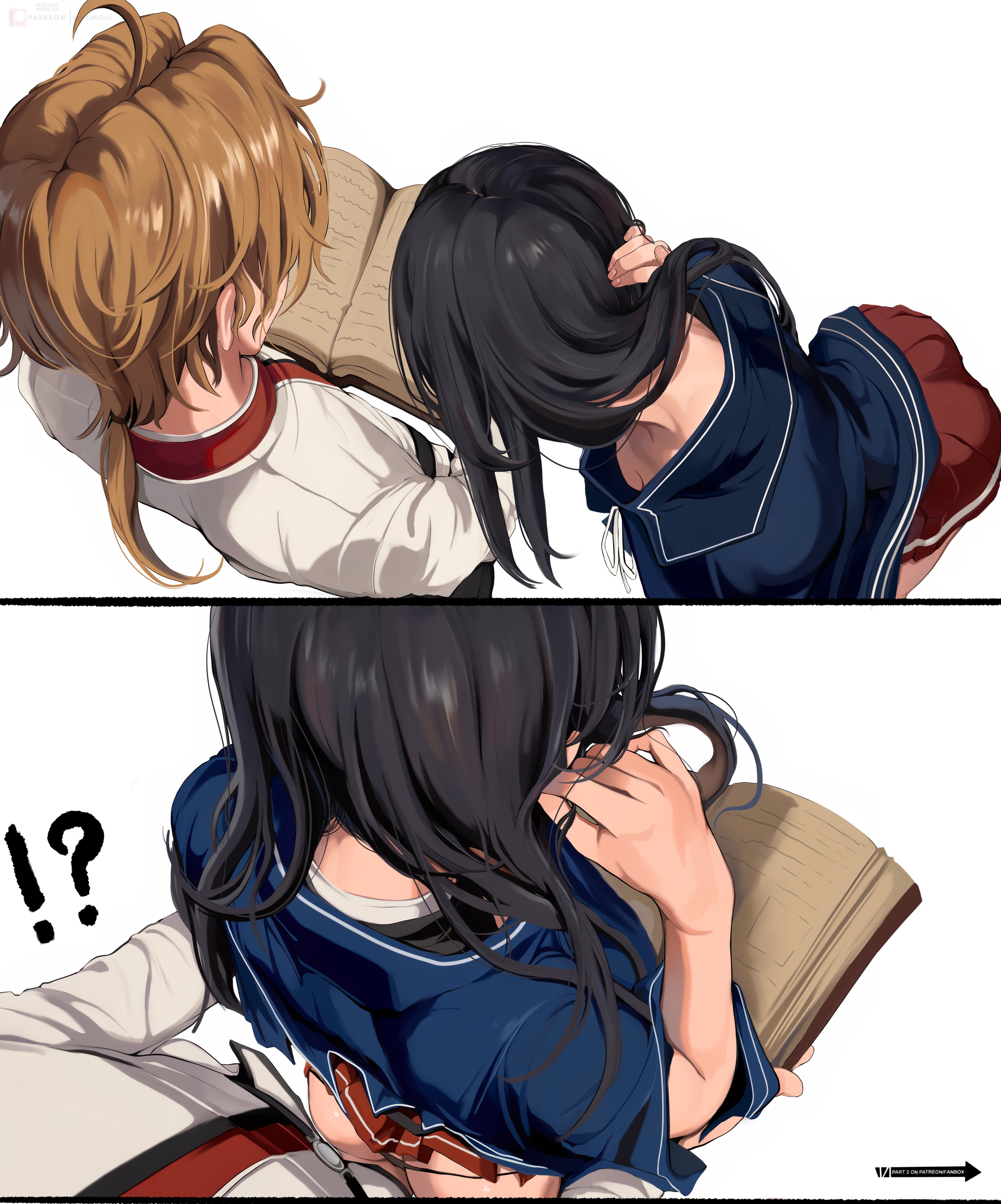 1boy, 1girls, ass, female, large ass, light skin, light-skinned female, male, mushoku tensei, nanahoshi shizuka, rudeus greyrat, shinjinou, skirt, thick thighs, thighs, white background, wide hips