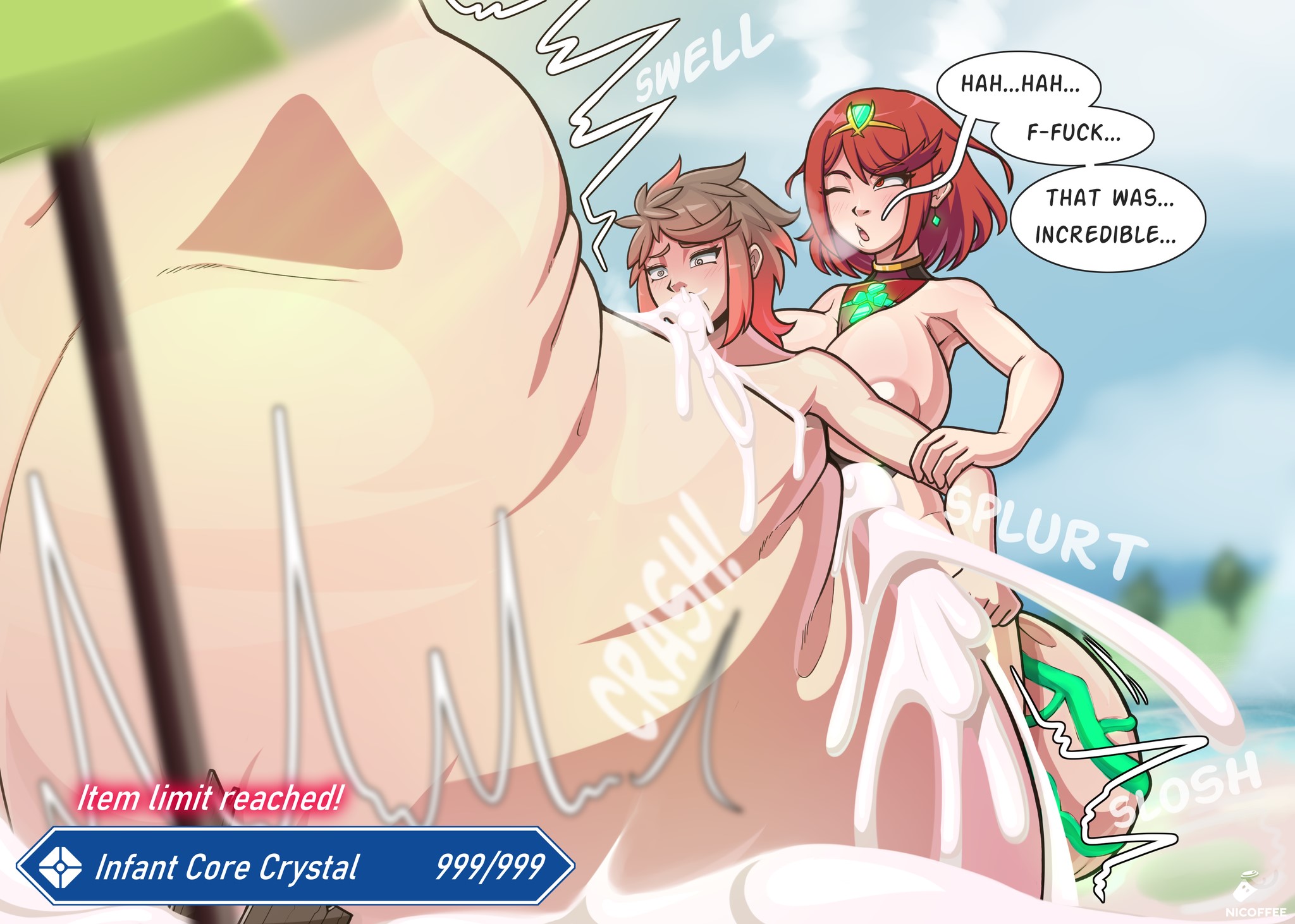 1boy, 1girl, beach, cum inflation, cum through, feminization, futa is bigger, futa on male, futa with male, futanari, glowing veins, huge cock, hyper impregnation, impregnation, mpreg, nicoffee, pregnant, pregnant male, pyra, rex (xenoblade), stomach bulge, superfetation, swimsuit, tagme, vomit, vomiting cum, xenoblade (series), xenoblade chronicles 2