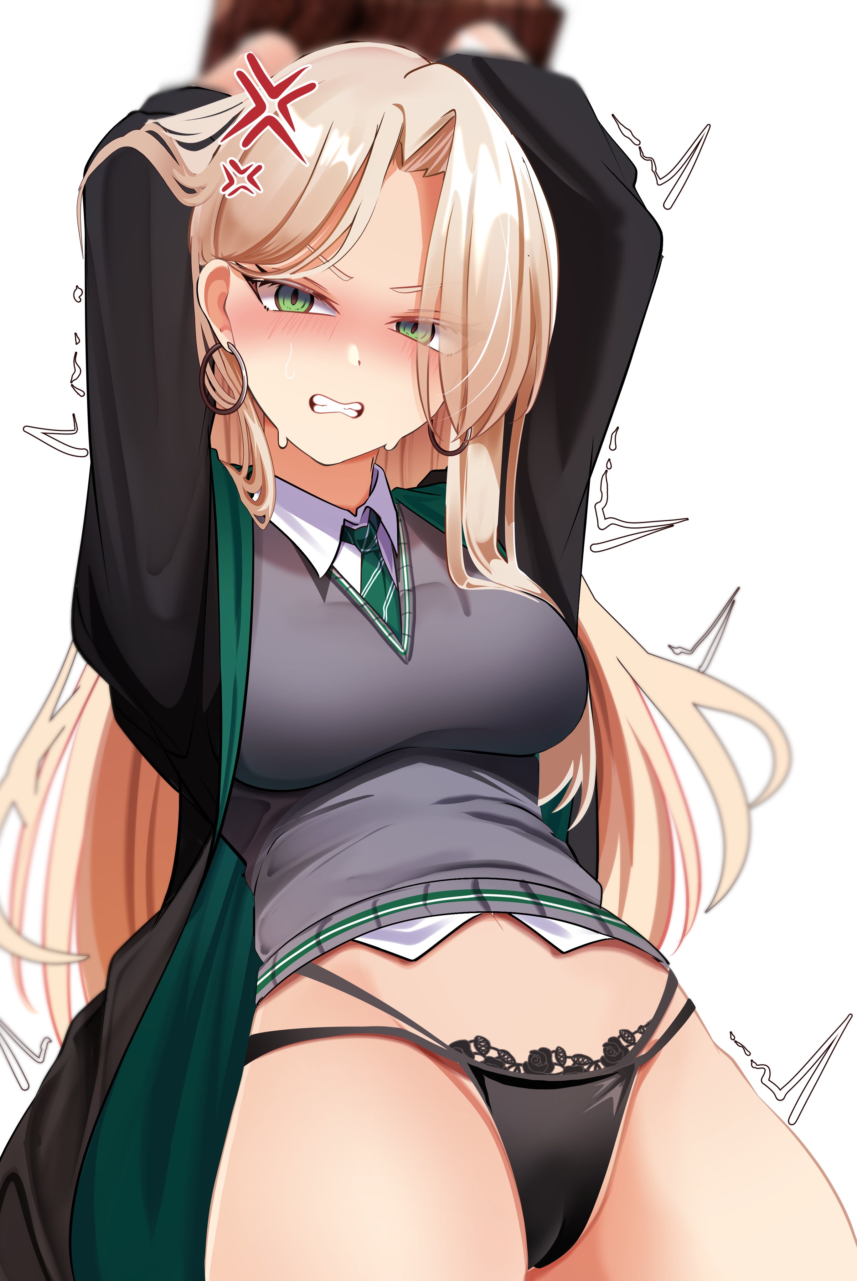 1girls, artist request, breasts, draco malfoy, draco malfoy (redteneri), female, female focus, female only, genderbend, genderswap, harry potter, large breasts, light skin, light-skinned female, looking at viewer, panties, rule 63, school uniform, solo, wide hips