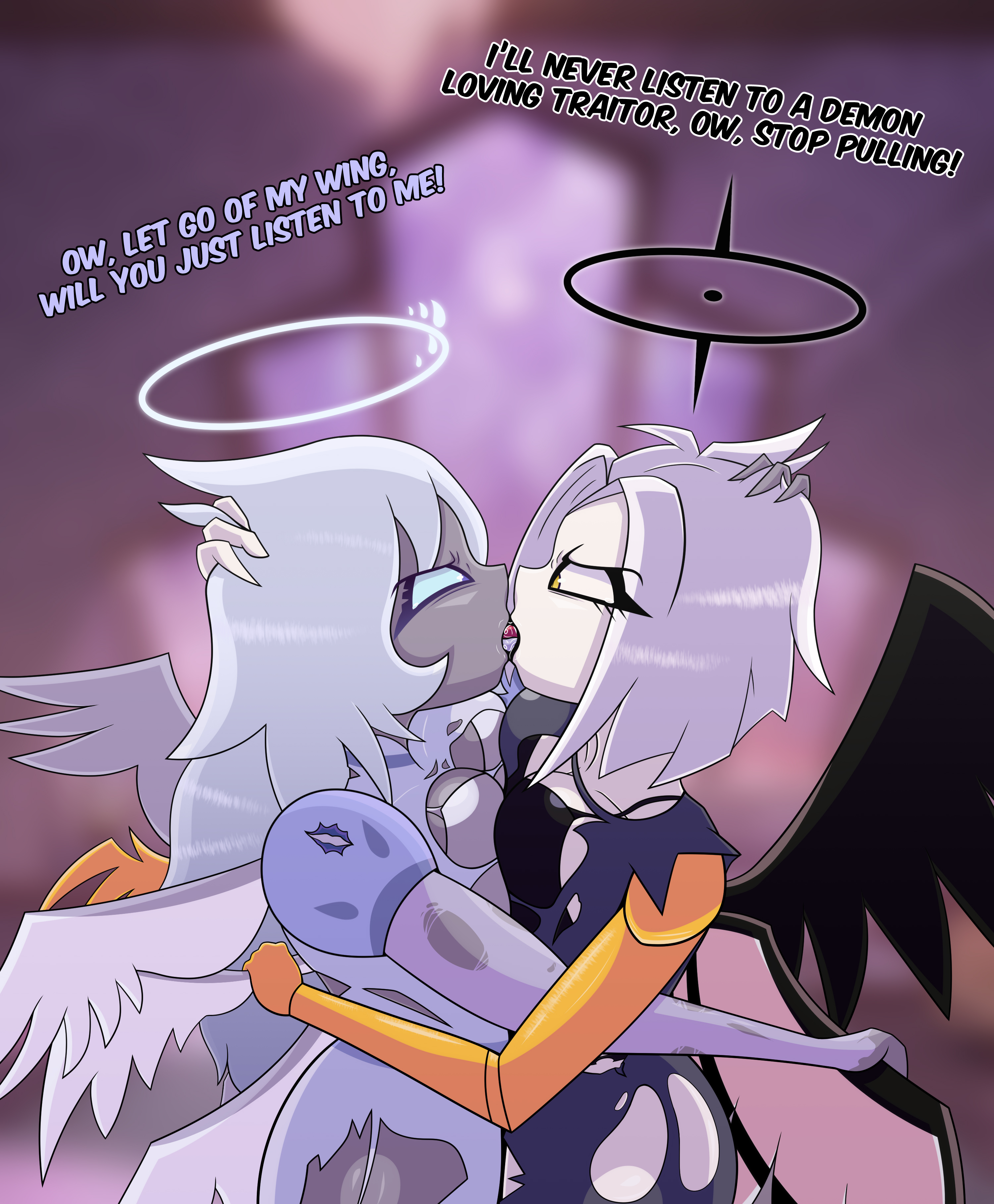 2girls, angel, angel girl, angel halo, angel wings, angry, arguing, aureola, black halo, black wings, bra, breast to breast, duo, emily (hazbin hotel), extreme french kiss, french kiss, grabbing wings, grey skin, halo, hand on head, hate fuck, hate sex, hazbin hotel, hugging, kissing, long hair, looking at another, lute (hazbin hotel), pale skin, prosthesis, prosthetic arm, prosthetic wing, ripped clothing, sexfight, short hair, symmetrical docking, tongue kiss, white wings, wings, yuri, zancu