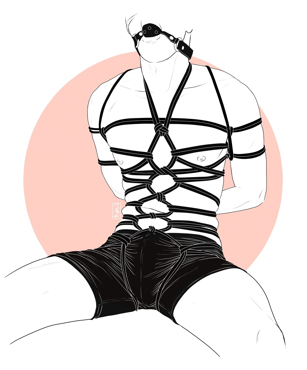 1boy artist_signature ball_gag bdsm bike_shorts bondage bulge faceless_male male male_only monochrome nen-si nipples original original_character rope rope_bondage shibari thighs toned topless