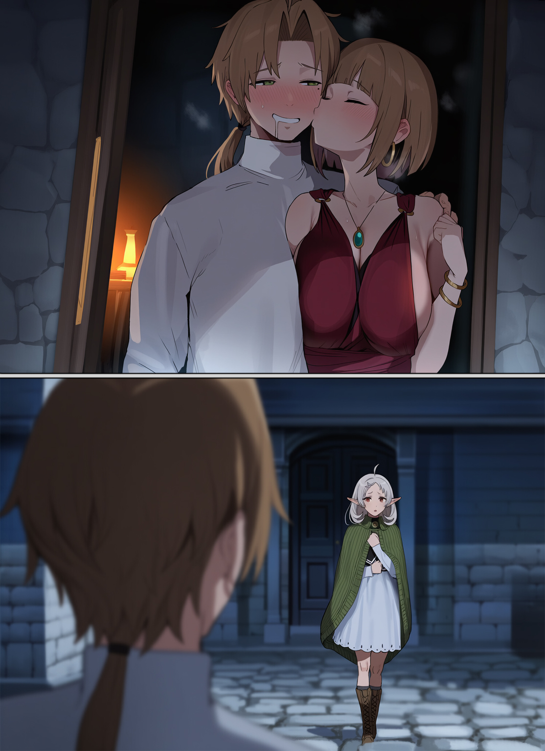 2d, 2koma, after ejaculation, after sex, after vaginal, ai generated, areolae, big ass, big breasts, big penis, breasts, breasts out, butt, canon, caught, caught cheating, cheating, cheating (relationship), cheating husband, completely nude male, cuckquean, curvaceous, curvy, curvy body, curvy female, curvy figure, end page, heart, heart symbol, hi res, highres, huge ass, huge breasts, huge cock, huge penis, hyper ass, large breasts, mushoku tensei, mushoku tensei: isekai ittara honki dasu, netorare, ntr, page 13, penetration, penis, prostitution, ranoa prostitute (mushoku tensei), rudeus greyrat, shocked, steam, steamy, steamy room, sylphiette (mushoku tensei), tagme, thick ass, toratora, voluptuous, voluptuous female