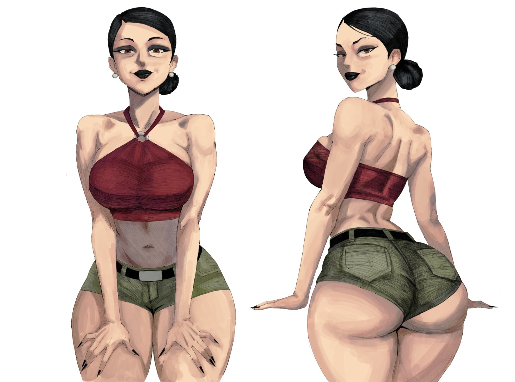 1girls, 2026, 2d, 2d (artwork), asian female, ass, ass cleavage, back view, big ass, big breasts, black lipstick, booty shorts, breasts, bubble ass, bubble butt, color, cosplay, curvy, curvy female, curvy figure, debbie grayson, fat ass, female, female only, front view, halterneck, heather (tdi), hex mamaniac, hi res, highres, huge ass, invincible, light skin, light-skinned female, milf, mommy, thick, thick thighs, thighs, total drama island, voluptuous, voluptuous female, white background, wide hips