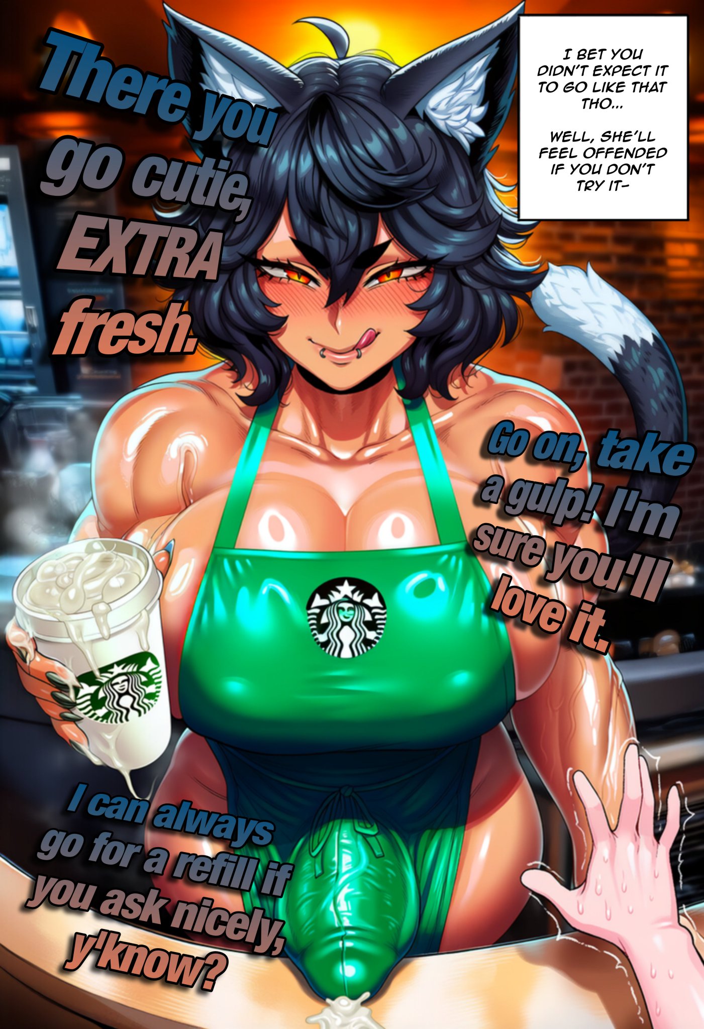 ai generated, big breasts, cat ears, catgirl, cleavage, cum in container, cum in cup, futanari, kalistafunz, licking lips, looking at viewer, muscular, muscular female, muscular futa, muscular shoulders, naked apron, original, original character, piercing, piercings, restaurant, starbucks, tan skin