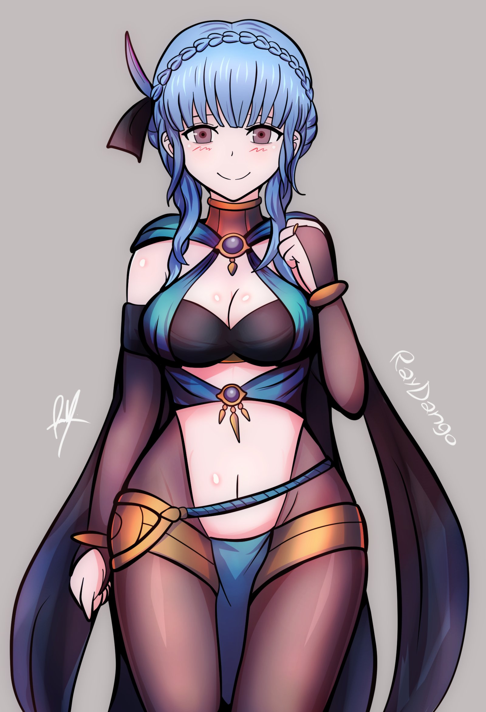 1girls, alternate costume, bangs, black bra, blue hair, blush, bra, bracelet, braid, breasts, bridal gauntlets, cape, cleavage, cosplay, cowboy shot, dorothea arnault (cosplay), dorothea arnault (plegian) (cosplay), english commentary, female, fire emblem, fire emblem heroes, fire emblem: three houses, grey background, groin, hair ornament, halterneck, highres, jewelry, large breasts, looking at viewer, marianne von edmund, medium breasts, navel, nintendo, pantyhose, pelvic curtain, raydango, red eyes, short hair, signature, simple background, smile, solo, thighs, underwear