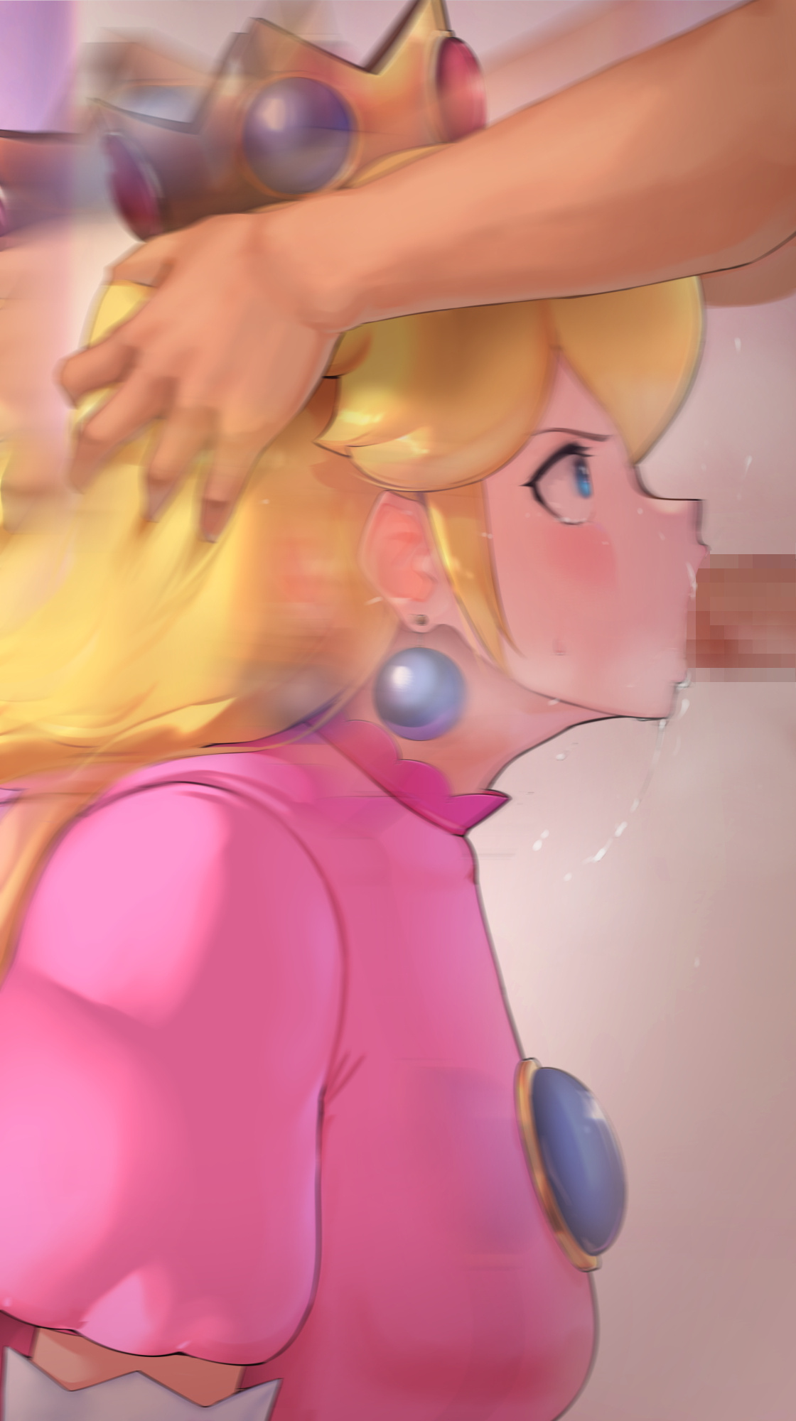 1boy, 1girls, 2021, bangs, blonde hair, blowjob, blue eyes, blush, censored, censored penis, clothed, clothed female, clothed female nude male, clothing, colored, crown, earrings, faceless male, fellatio, female, female focus, fringe, grabbing, hi res, high resolution, highres, hizake, human, irrumatio, jewelry, kashu (hizake), kissing penis, long hair, looking at another, male, mario, mario (series), mosaic censoring, motion blur, nintendo, nude, nude male, oral, oral sex, partial male, penis, princess, princess peach, royalty, saliva, saliva drip, side view, simple background, straight, sucking, sucking penis, sweat, sweatdrop, tears, video games, wide eyed