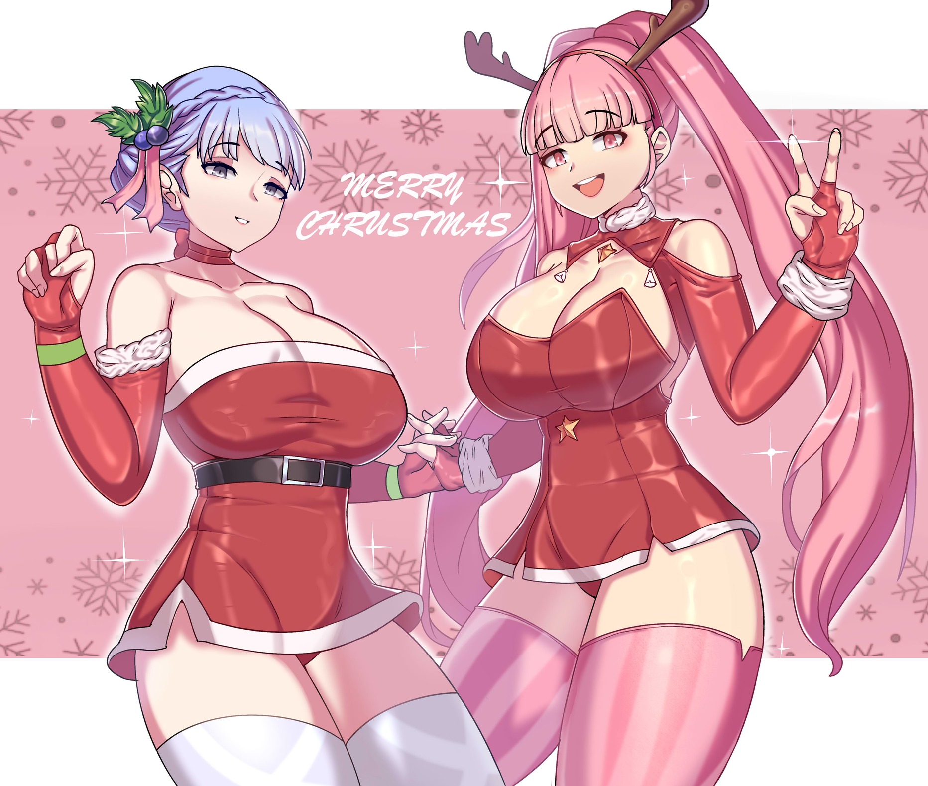2023, 2girls, alternate costume, antlers, blue hair, breasts, christmas, cleavage, fake antlers, female, female only, fire emblem, fire emblem: three houses, fur trim, grey eyes, hair ornament, highres, hilda valentine goneril, holding hands, large breasts, light skin, light-skinned female, looking at viewer, marianne von edmund, merry christmas, multiple females, multiple girls, nintendo, panties, pink eyes, pink hair, red panties, santa costume, santa hat, sleeves, tetsu chokoreto, thick thighs, thighhighs, twintails, underwear, upskirt