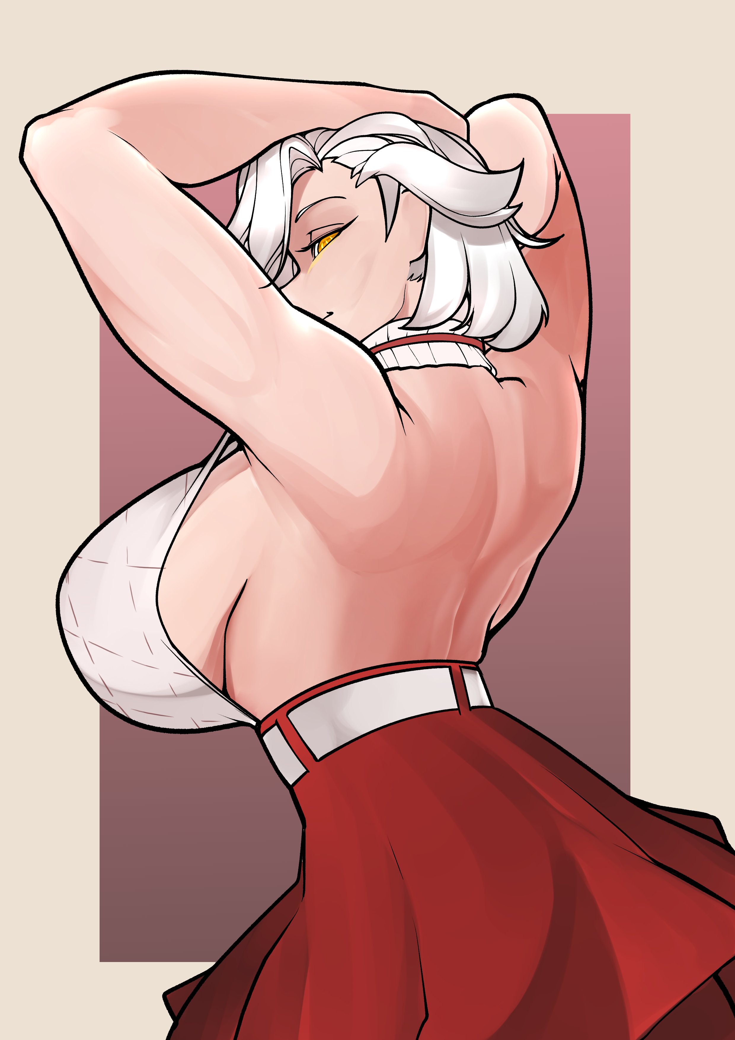 back view, big breasts, breasts, brothbowl, christmas, female, huge breasts, looking at viewer, looking back, virtual youtuber, vshojo, zentreya, zentreya (cyborg)