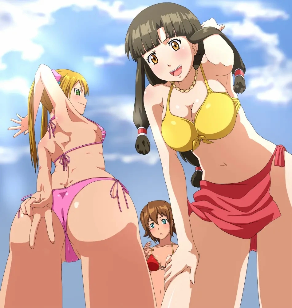 3girls amber_eyes amy_(suisei_no_gargantia) ass_cleavage bare_arms bare_back bare_legs bare_midriff bare_shoulders bare_thighs barefoot belly_button big_breasts bikini bikini_bottom bikini_scarf bikini_top black_hair blonde_hair blue_eyes blush bracelet brown_hair cleavage closed_eyes fanservice female female_only flat_chest flat_chested flying_squirrel gold_bracelet gold_jewelry golden_bracelet green_eyes hair_ribbon hair_ribbons hairclip inner_sideboob light_skin long_hair looking_at_viewer medium_breasts melty_(suisei_no_gargantia) midriff multiple_girls navel orange_bikini orange_bikini_top pink_bikini pink_bikini_bottom pink_bikini_scarf pink_bikini_top pink_swimwear poncho red_bikini red_bikini_bottom red_bikini_top red_hairclip red_ribbon red_ribbons ribbon ribbon_in_hair saaya_(suisei_no_gargantia) seagal ship ship_deck ships_bridge short_hair sideass sideboob sparkling_water suisei_no_gargantia swimsuit_skirt tan_skin thick_thighs tied_hair twintails white_skin