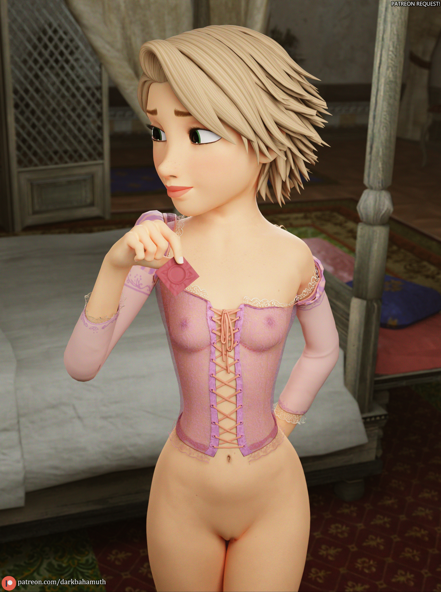 3d, breasts, condom, darkbahamuth, disney, female, looking away, petite, princess, rapunzel, shy, small breasts, tangled, teenager, young, younger female