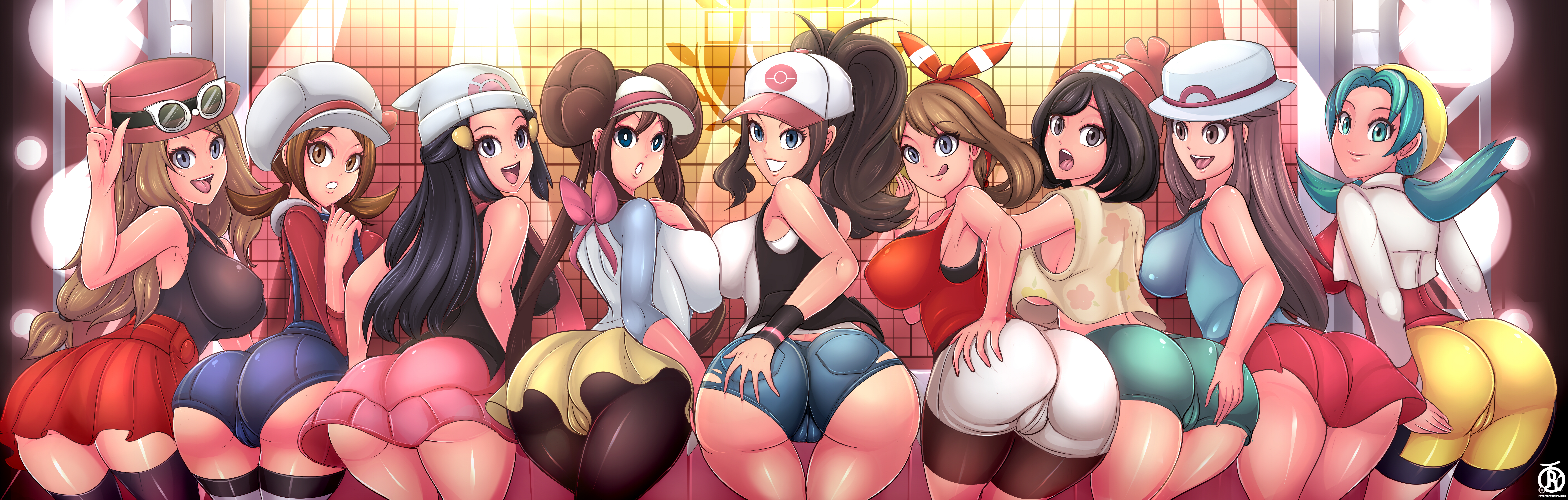 6+girls, 9girls, absurd res, alternate breast size, aqua eyes, ass, ass crack, ass hanging out of shorts, back, big ass, big breasts, big butt, bikini, black hair, blue eyes, blue hair, blush, breasts, brown eyes, brown hair, bubble ass, bubble butt, butt crack, cameltoe, cleavage, color, cutout, dawn (pokemon), eyelashes, female, female only, glasses, grey eyes, hand on ass, hat, hi res, hilda (pokemon), human, human only, kris (pokemon), large ass, large breasts, large butt, leaf (pokemon), lineup, long hair, looking at viewer, looking back, lyra (pokemon), may (pokemon oras), may (pokemon), multiple females, multiple girls, naughty face, nintendo, open mouth, pokemon, pokemon bw, pokemon bw2, pokemon dppt, pokemon frlg, pokemon gsc, pokemon hgss, pokemon oras, pokemon sm, pokemon xy, ponytail, pussy, revolverwingstudios, ribbon, rosa (pokemon), seductive, seductive smile, selene (pokemon), serena (pokemon games), serena (pokemon), shiny skin, short hair, sideboob, smile, string bikini, sunglasses, sunglasses on head, swimsuit, take your pick, text, thick thighs, thigh gap, thighs, tied hair, tongue, tongue out, twintails, v, wide hips