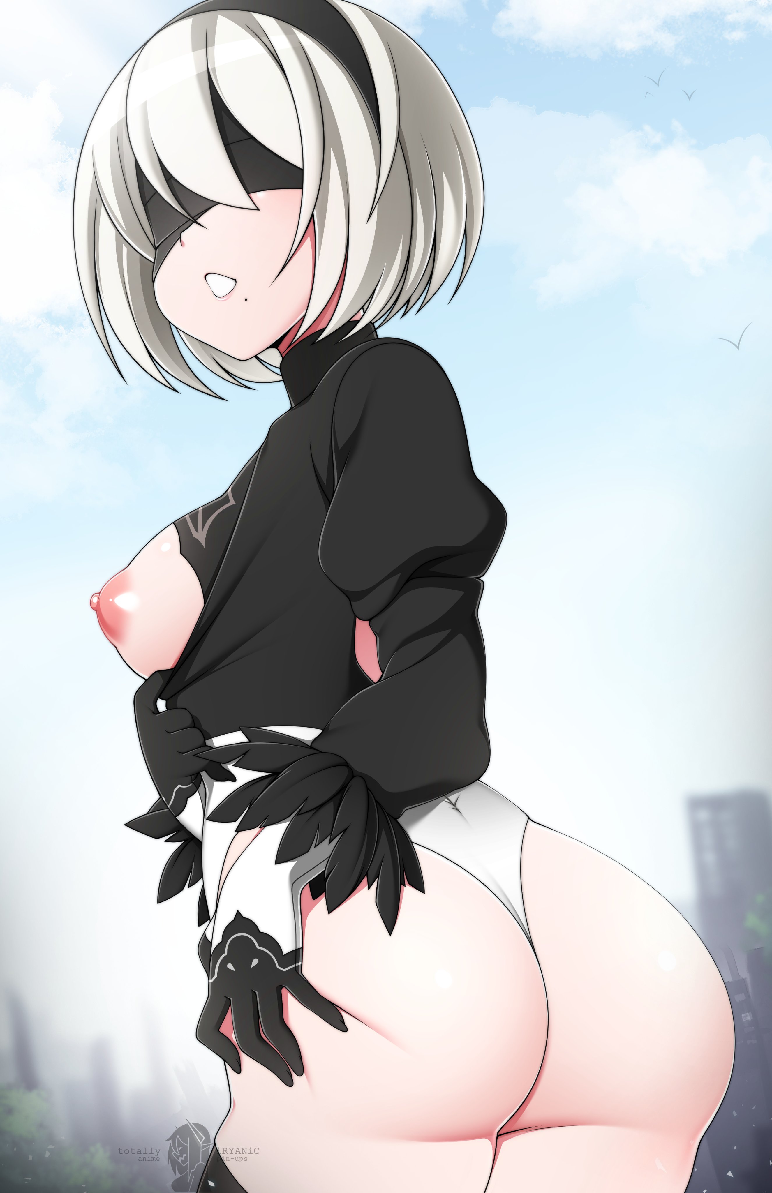 1girls, ass, beauty mark, breasts, covered eyes, female, female focus, female only, gloves, headband, iryanic, nier, nier (series), nier: automata, open mouth, partially clothed, sideboob, square enix, white hair, yorha 2b