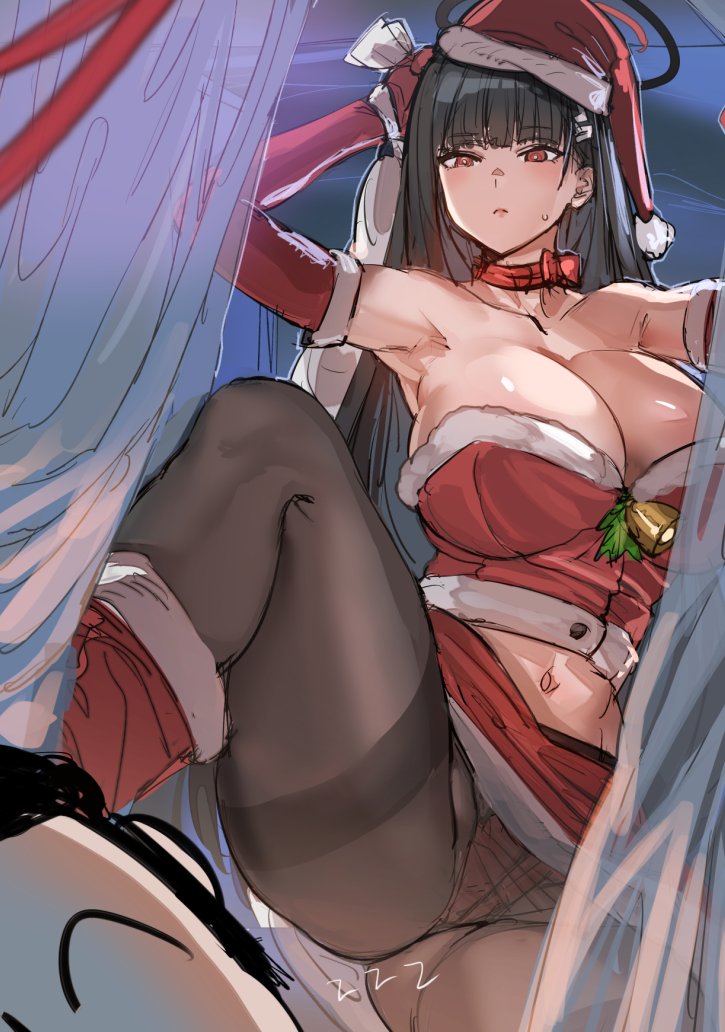 arona's_sensei_doodle_(blue_archive) black_hair blue_archive blush bow_(bhp) breasts christmas female fur-trimmed_headwear fur_trim hair_ornament hairclip halo hat holidays huge_breasts large_breasts long_hair millennium_science_school_student panties panties_under_pantyhose pantyhose red_eyes red_headwear rio_(blue_archive) sack santa_hat seminar_(blue_archive) sensei_(blue_archive) sketch solo underwear very_long_hair