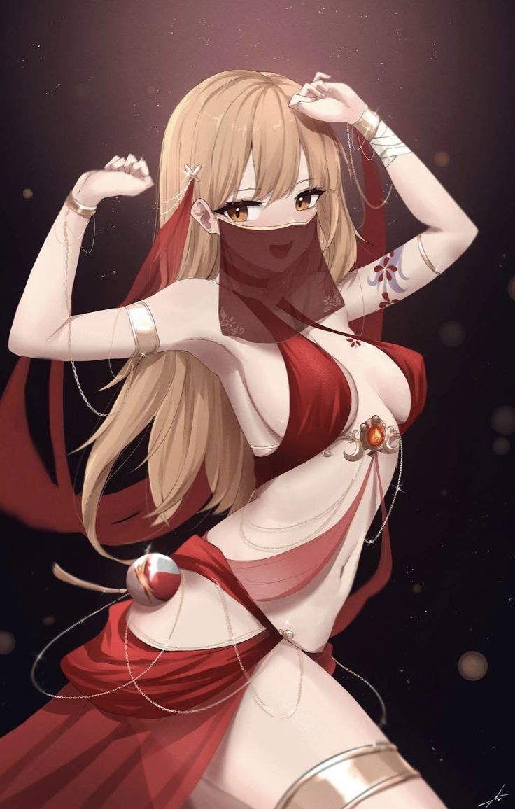 belly dancer, belly dancing, blonde hair, genshin impact, harem, harem outfit, solo female, yoimiya (genshin impact)