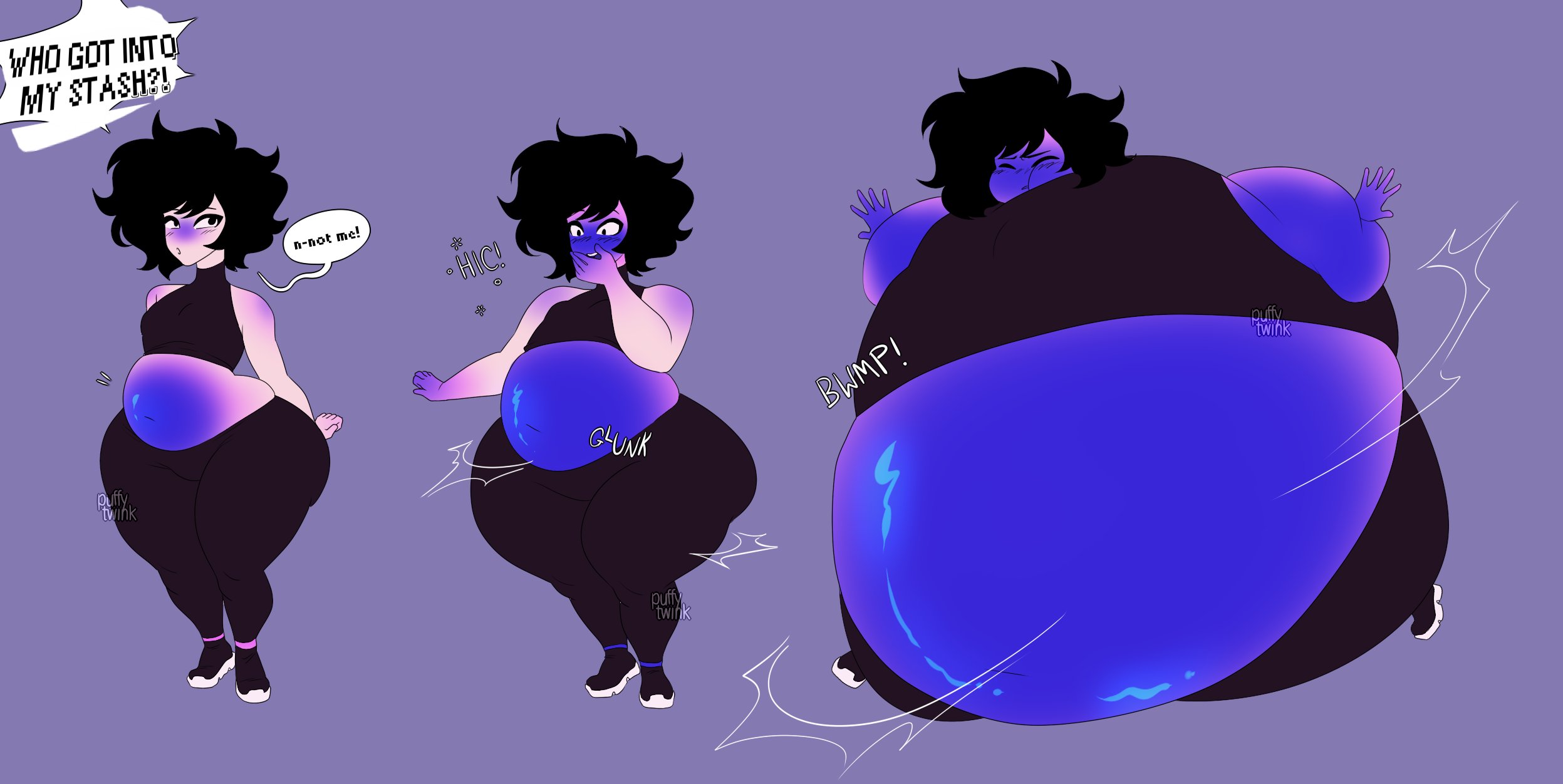 1boy, belly inflation, blueberry inflation, body inflation, edm (puffytwink), femboy, full body inflation, inflation, male, oc, onomatopoeia, original character, puffytwink, sequence, skin turning blue, spherical inflation, sunken head, sunken limbs, text, text bubble, transformation, transformation sequence