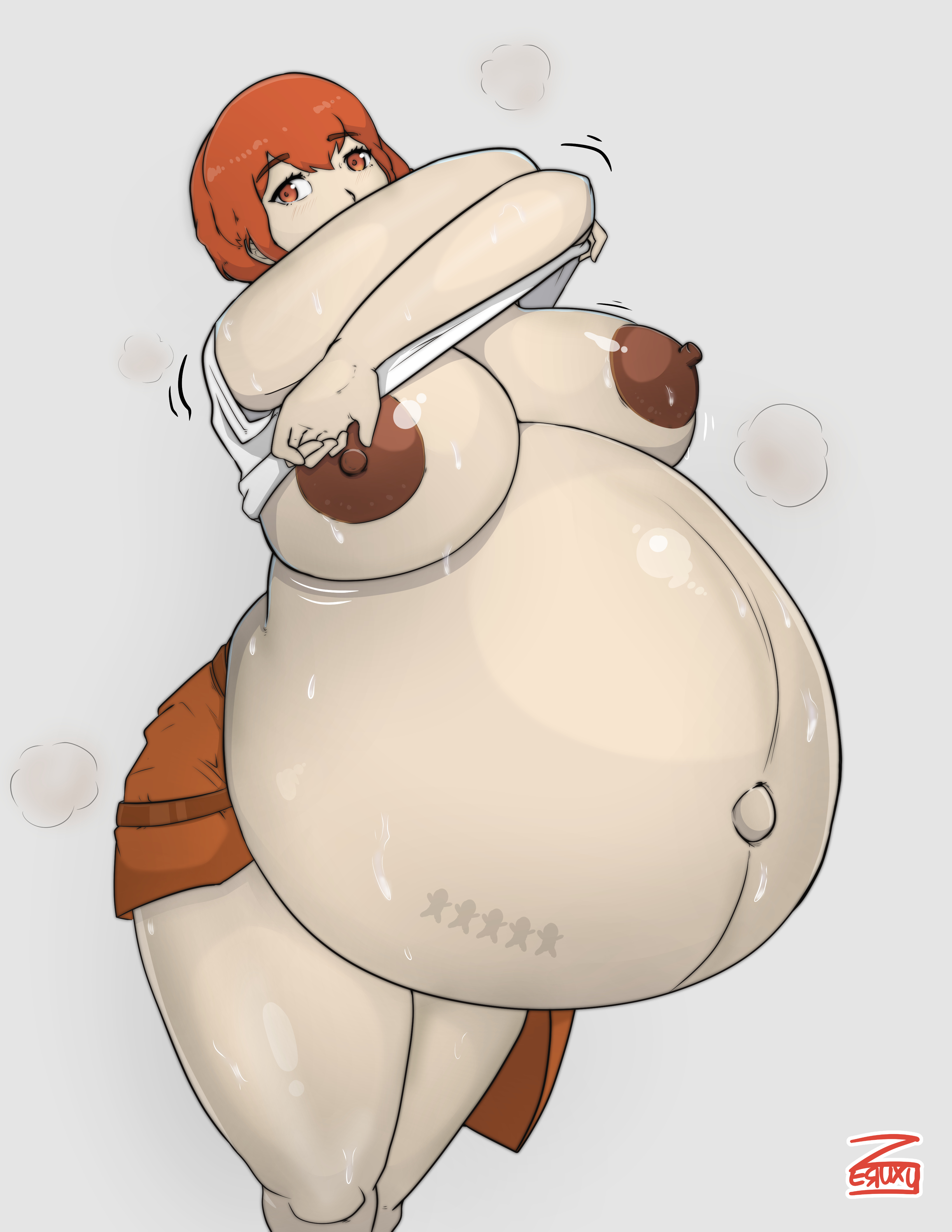 1girls, belly button, belly tattoo, breasts, brown nipples, eyebrows visible through hair, female, female only, fire emblem, fire emblem: three houses, hyper belly, hyper pregnancy, large breasts, leonie pinelli, matching hair/eyes, nintendo, nipples, orange eyes, orange hair, outie navel, pregnant, ready to pop, simple background, solo, sweat, tally marks, thick, thick thighs, tomboy, top lift, undressing, watermark, white background, zeruxu