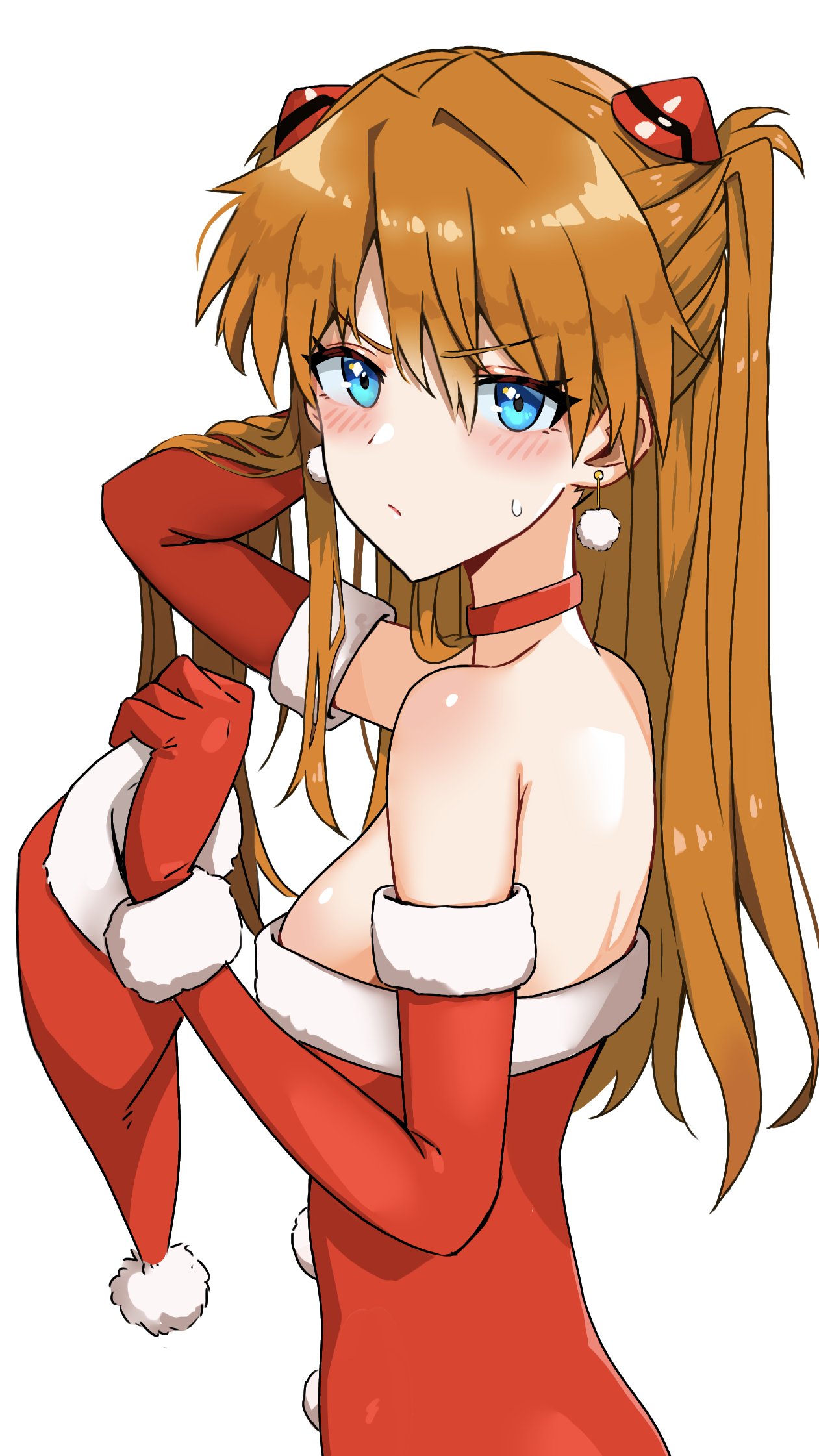 1girls aqua_eyes artist_request asuka_langley_sohryu blush christmas earrings female hand_behind_head himagin20180321 holding_hat looking_at_viewer medium_breasts neon_genesis_evangelion off_shoulder_dress opera_gloves orange_hair red_collar red_gloves santa_costume santa_hat side_view solo_female