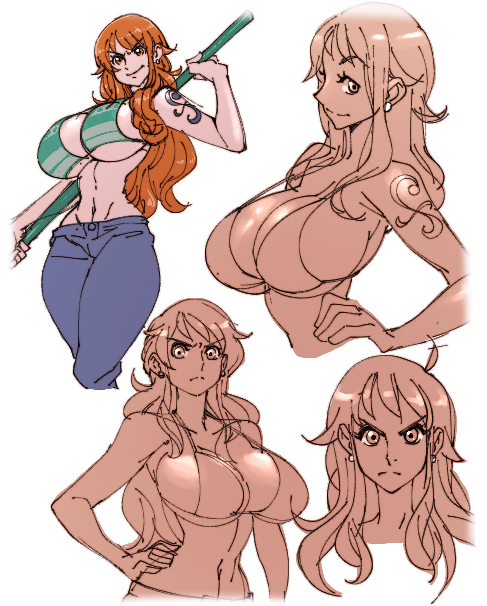 1girls, big breasts, bikini, breasts, clothing, female, female focus, female only, jeans, long hair, looking at viewer, nami (one piece), nisego, one piece, orange hair, post-timeskip, solo, solo female, striped bikini, tattoo