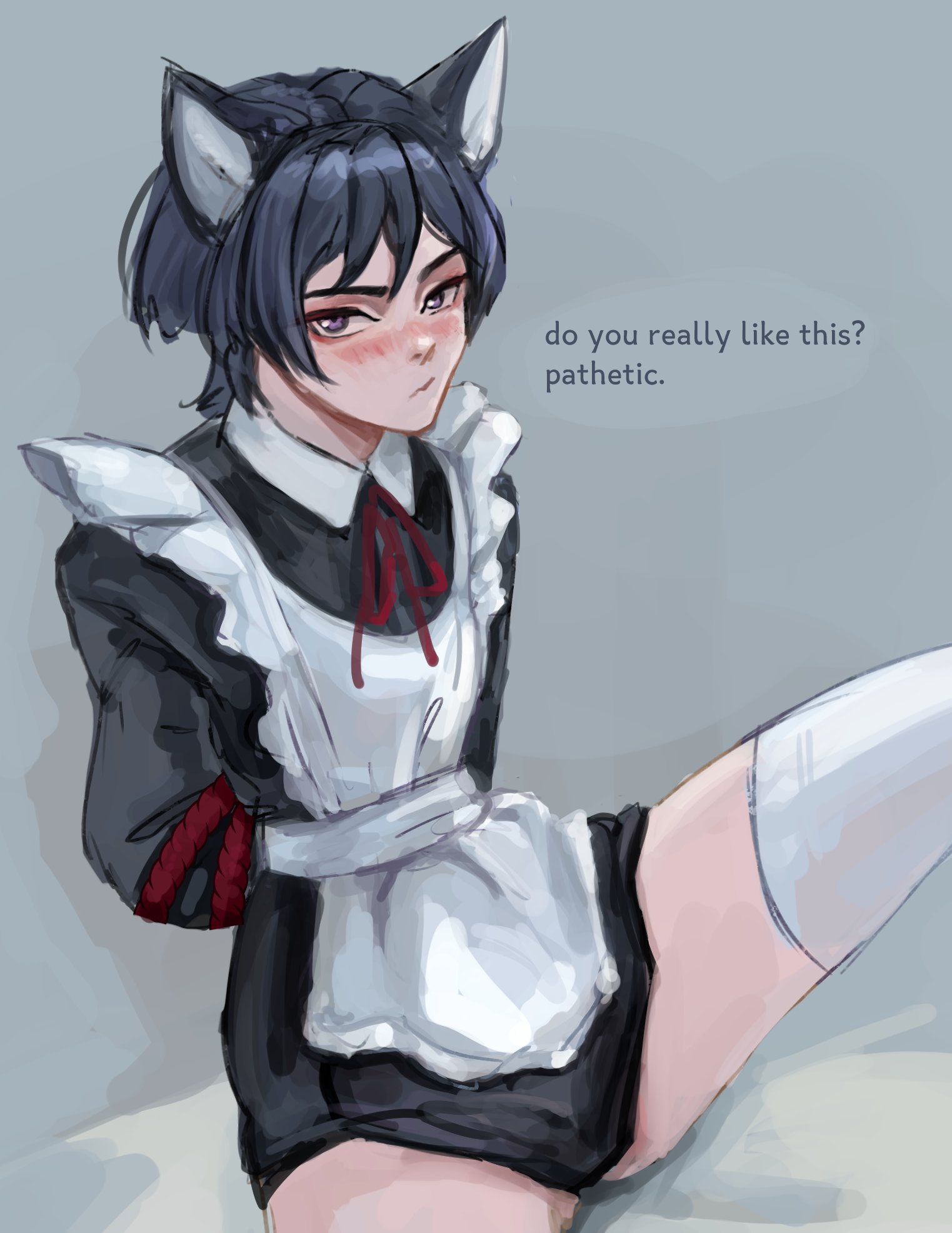 1boy, apron, blonde hair, blue eyes, blush, cat ears, crossdressing, dress, english text, femboy, genshin impact, looking at viewer, maid, male, male only, restrained, scaramouche (genshin impact), solo, spread legs, text, thighhighs, tied up, trap, twink
