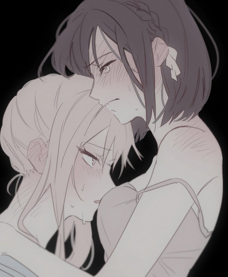2girls, akiyama mizuki, bare shoulders, before sex, breasts, crying, face between breasts, female, looking at another, looking up, medium breasts, project sekai, shinonome ena, sweatdrop