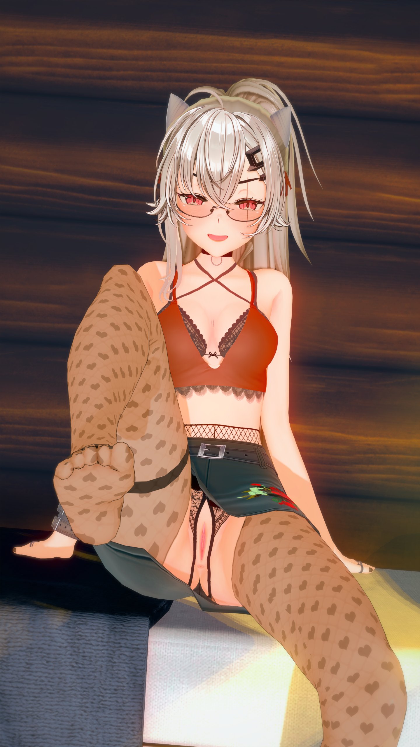 1girls, 2023, 3d, 3d (artwork), anus, blush, bra, breasts, clothed, collar, exposed anus, exposed pussy, fake animal ears, feet, feet towards viewer, female, female focus, female only, glasses, grey hair, hole in pants, indie virtual youtuber, jungee, koikatsu, looking at viewer, medium breasts, open mouth, pussy, red eyes, saruei (vtuber), scar, scar across eye, scar on face, sitting, smiling at viewer, solo, solo female, solo focus, tagme, thighhighs, thighs, twitch, uncensored, vagina, virtual youtuber, vtuber, white hair