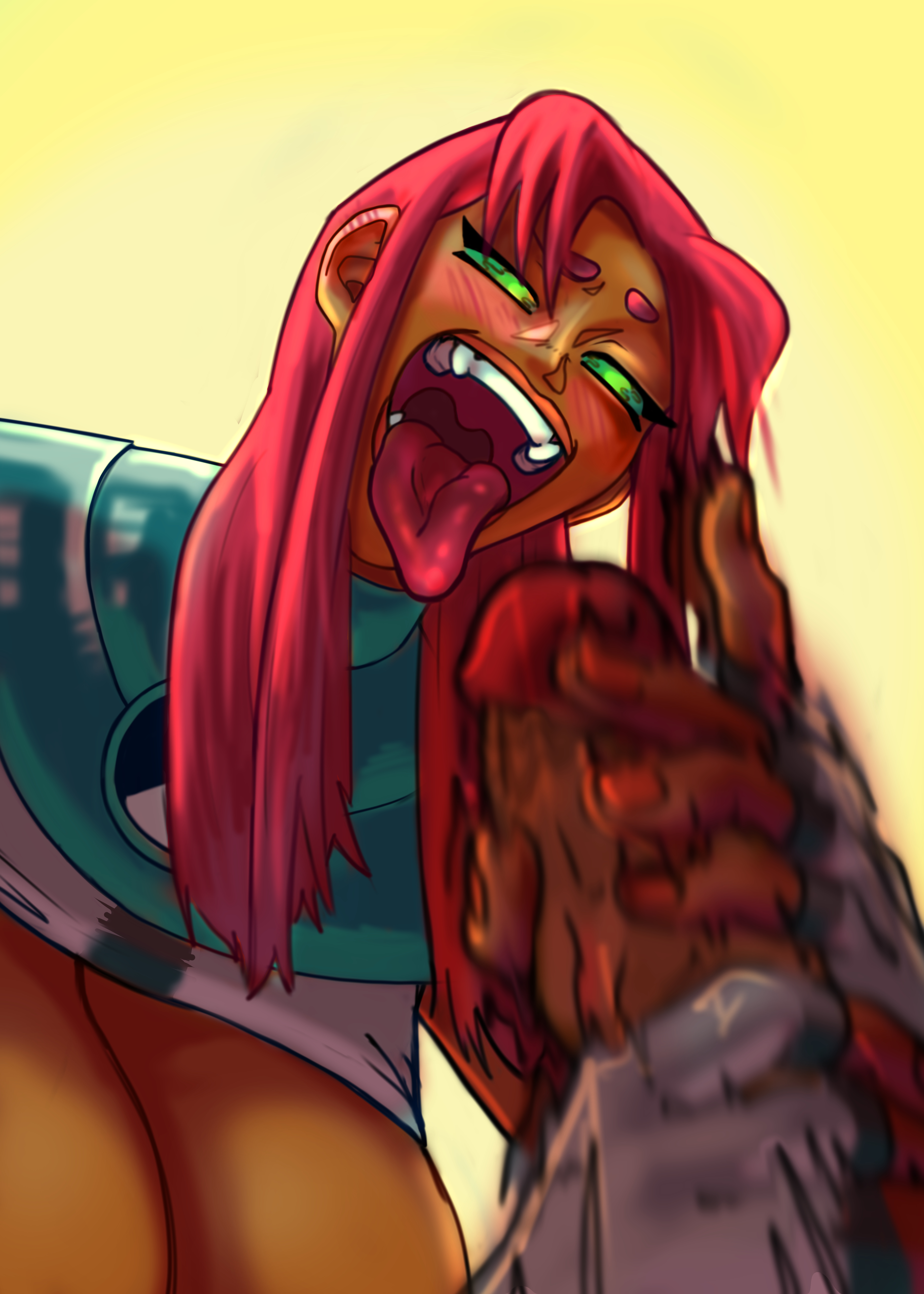 artist request, ben 10, ben tennyson, benfire, dc, dc comics, female, female ben, gender transformation, genderswap, genderswap (mtf), handjob, imminent facial, imminent sex, looking at penis, looking down, looking pleasured, male, partial male, penis, rule 63, starfire, tamaranean, teen titans, tongue, tongue out, transformation