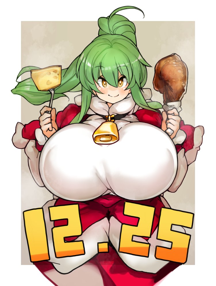 big_breasts bimbo breasts clothed cowbell food gigantic_breasts green_hair huge_breasts hyper_breasts large_breasts massive_breasts milf sachito sumi-chan_(sachito) tagme