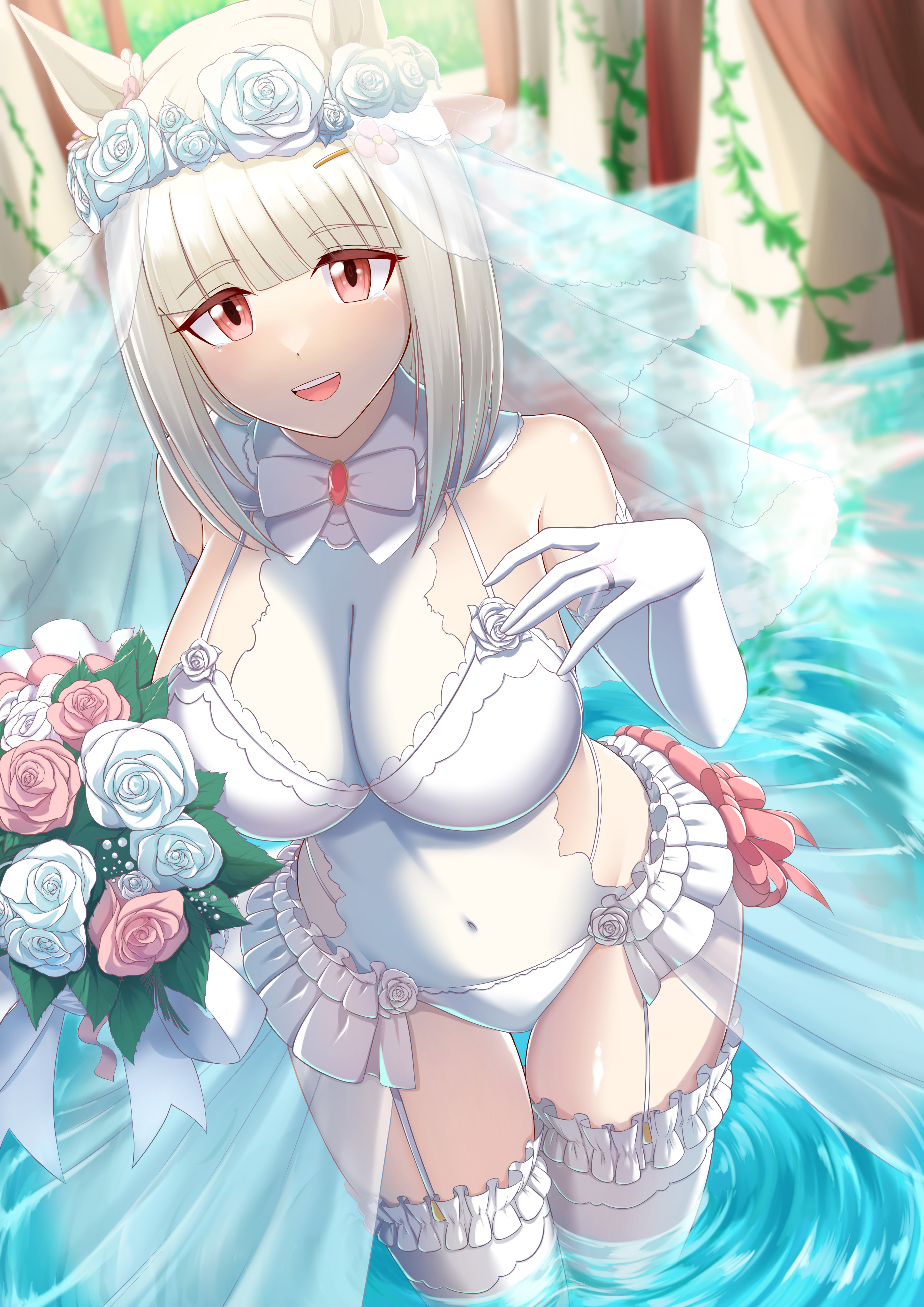 absurdres, alternate breast size, alternate costume, animal ears, blunt bangs, blurry, blurry background, breasts, bridal veil, commentary request, covered navel, detached sleeves, dress, female, flower, grey hair, happy meek (umamusume), highres, hime cut, horse ears, horse girl, horse tail, jewelry, large breasts, looking at viewer, open mouth, red eyes, ribbon, ring, same kujira (challenger 310), solo, tail, thighhighs, umamusume, veil, water, wedding dress, wedding ring