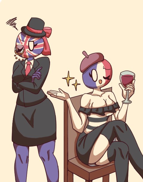 cocomooooochi, countryhumans, countryhumans girl, female, france, france (countryhumans), french flag, hat, rule 63, star, union jack, united kingdom, united kingdom (countryhumans), wine