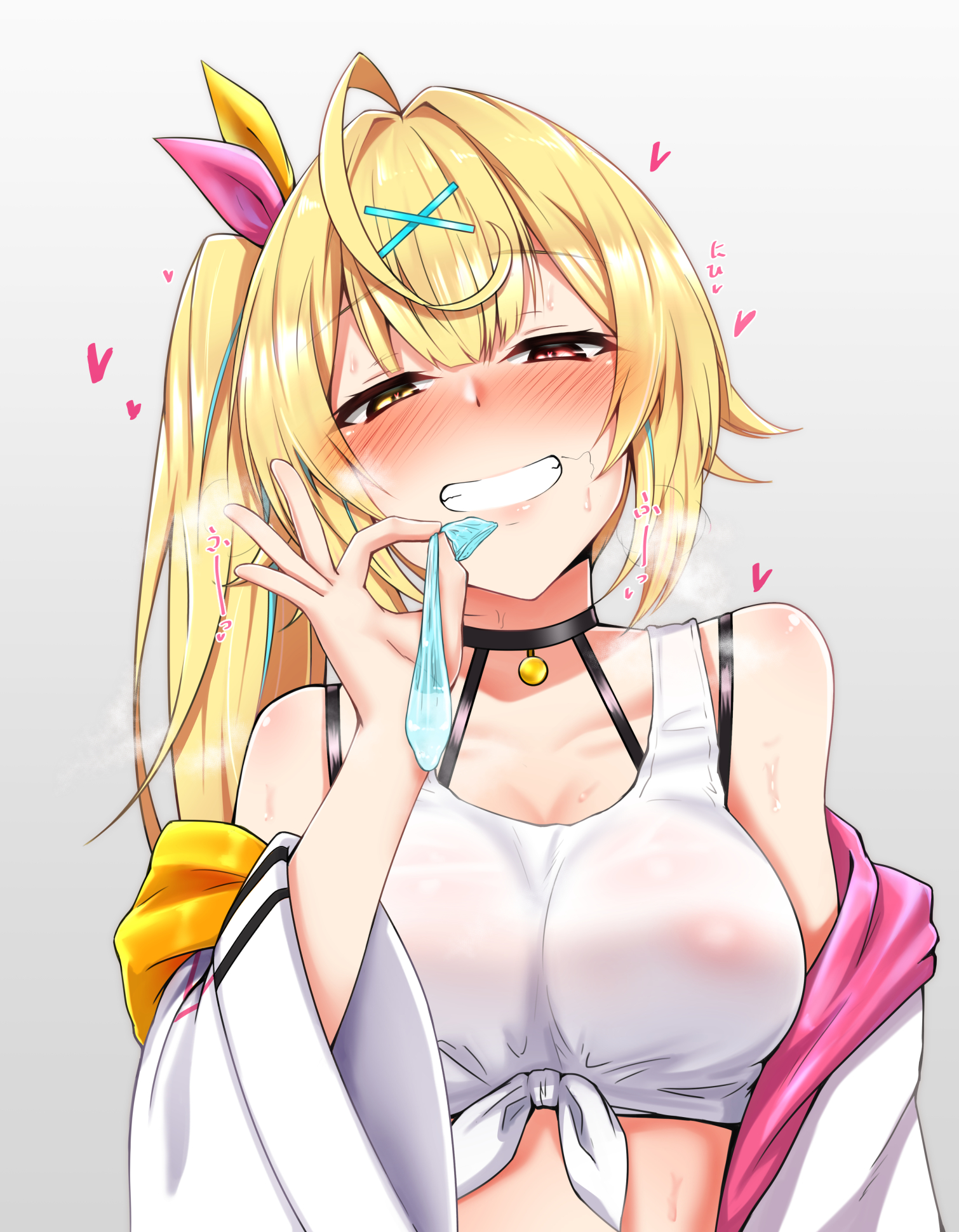 1girls, after fellatio, after sex, ahoge, bangs, bare shoulders, blonde hair, blush, breasts, choker, cleavage, collarbone, condom, cum, dot nose, eyebrows visible through hair, female, female only, grey background, grin, hair ornament, hair ribbon, half-closed eyes, hand up, heart, heart-shaped pupils, heterochromia, highres, holding, holding condom, hoshikawa sara, huge ahoge, implied sex, large breasts, long hair, looking at viewer, nijisanji, nipples, off shoulder, one side up, pink ribbon, red eyes, ribbon, shiny, shiny hair, shiny skin, simple background, smile, solo, solo female, stray pubic hair, symbol-shaped pupils, teeth, upper body, used condom, virtual youtuber, x hair ornament, yellow eyes, yellow ribbon