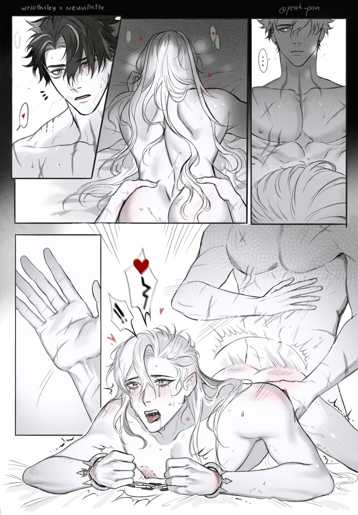 2boys, artist request, bite mark, black hair, gay, gay sex, genshin impact, male, male only, neuvillette (genshin impact), pointy ears, scars, scars all over, spank, spanked butt, spanking, tears, white hair, wriothesley (genshin impact), yaoi