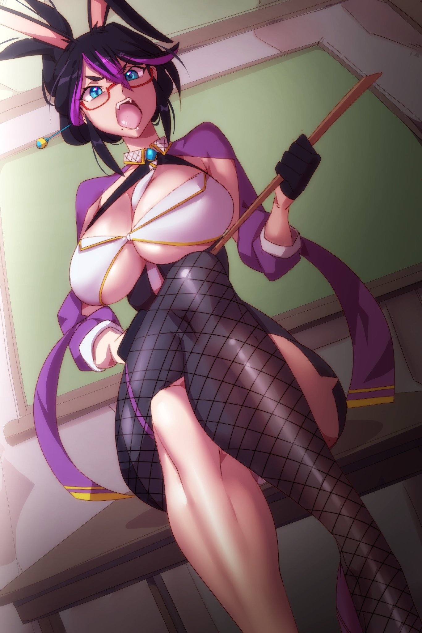 1girls, angry, big breasts, black hair, blue eyes, breasts, bunny ears, clothed, clothing, female, female focus, female only, large breasts, nisego, open mouth, original character, sitting, solo, solo female, stockings, teacher