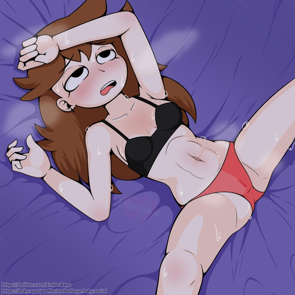 arm_on_forehead arms_up black_bra blush brown_hair emberbaye laying_on_bed legs_spread looking_pleasured open_mouth pink_panties shgurr solo_female steamy_breath sweaty_body youtube