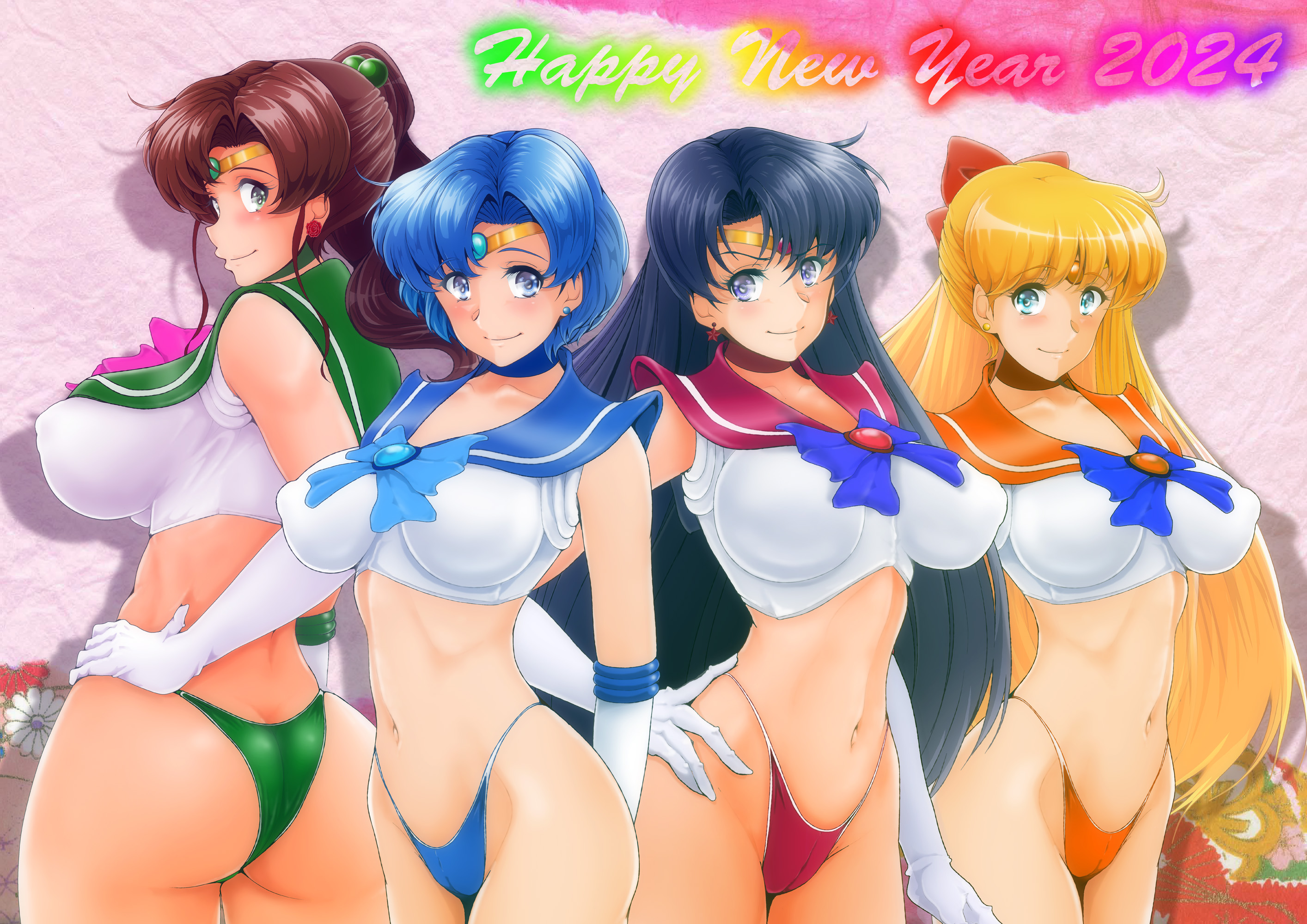 4girls, ami mizuno, ass, bishoujo senshi sailor moon, black hair, blonde hair, blue hair, bow, breasts, brown hair, clothing, female, large breasts, makoto kino, medium breasts, minako aino, multiple females, multiple girls, nanashi noidji, panties, rei hino, sailor jupiter, sailor mars, sailor mercury, sailor venus, thong, underwear