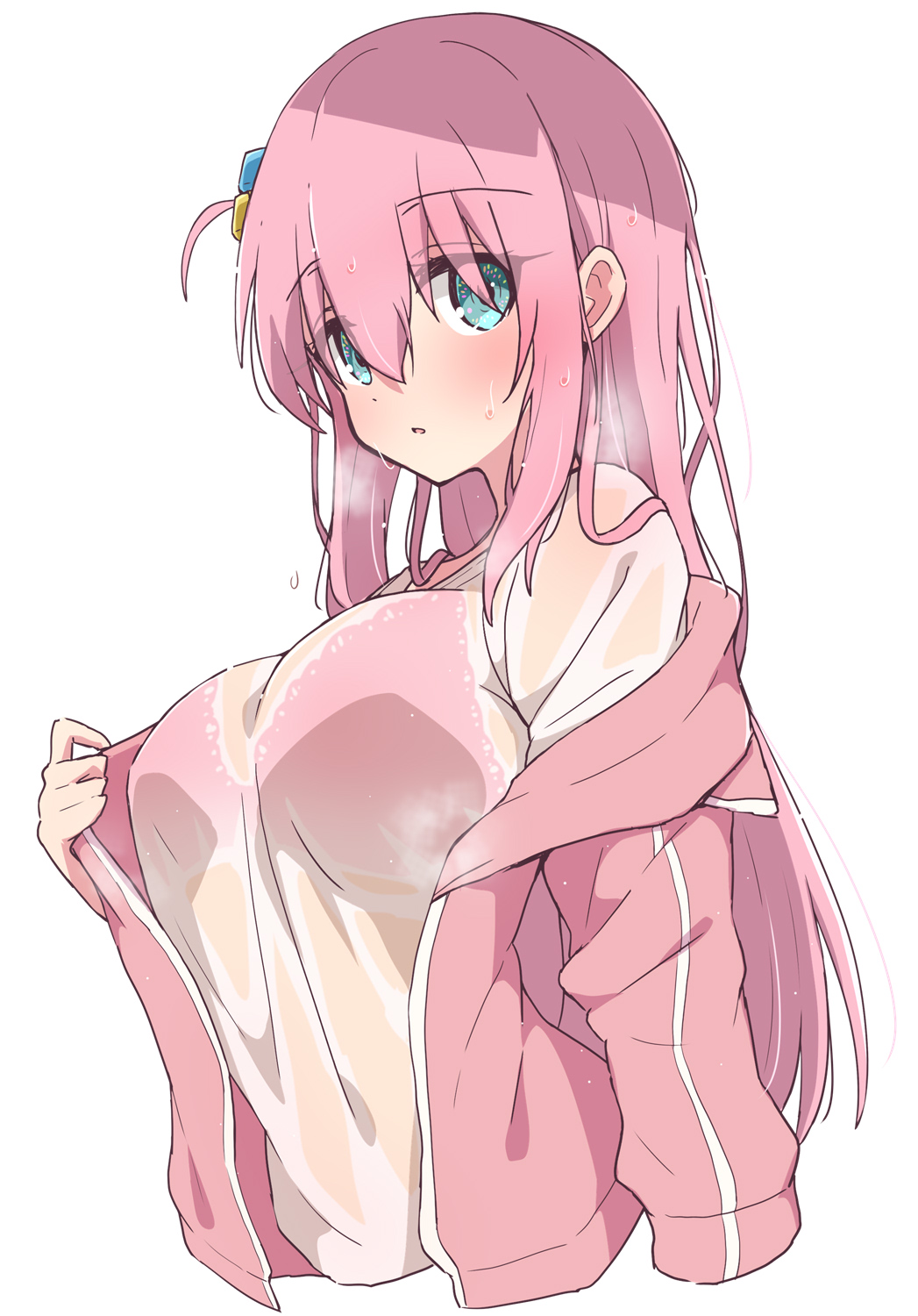 1girls blush bocchi_the_rock! bra breasts gotou_hitori jacket large_breasts long_hair melty_pot more_at_source see-through solo tagme track_jacket undressing wet wet_clothes