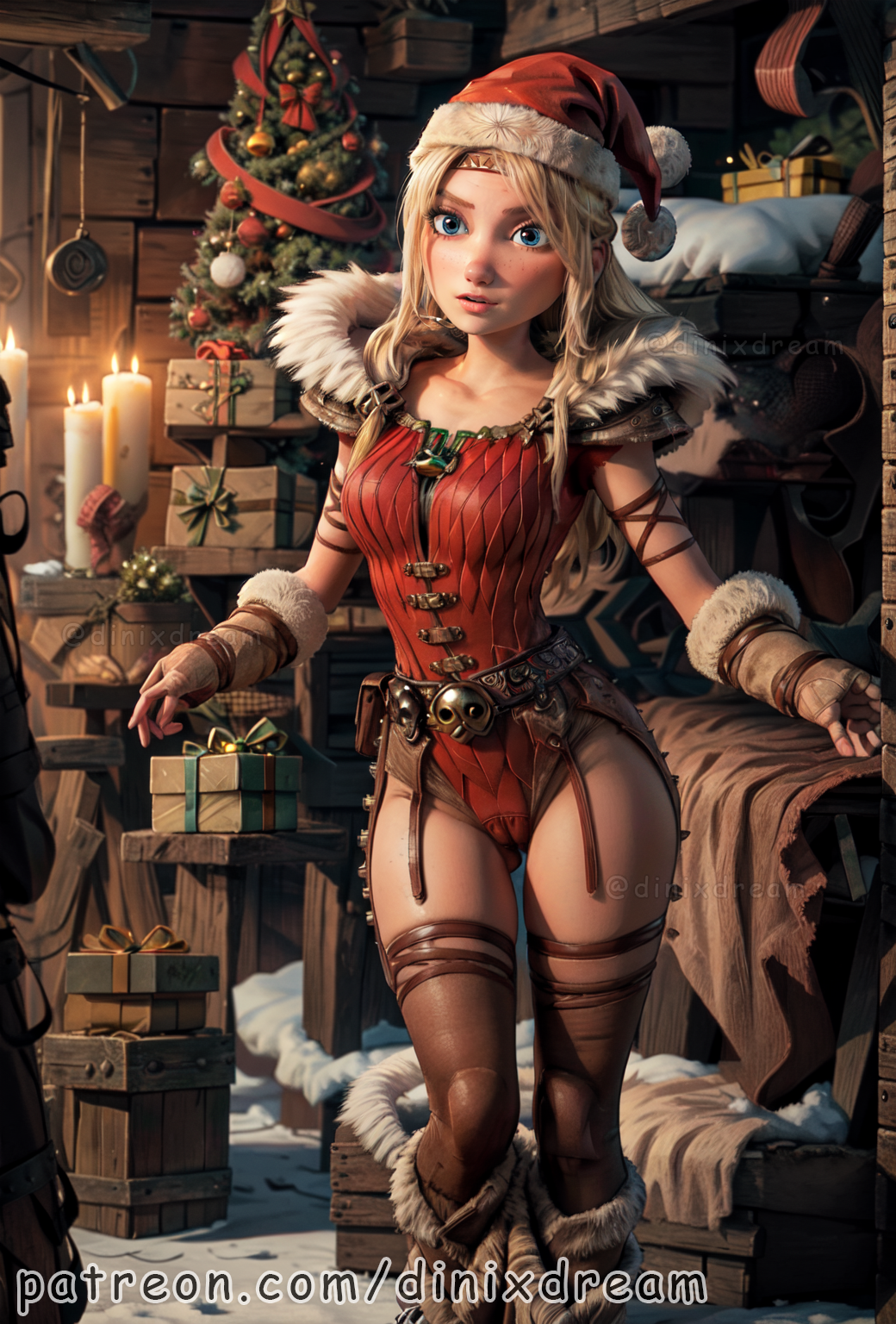 1girls, ai generated, astrid hofferson, belt, blonde hair, blue eyes, boots, christmas, christmas clothing, christmas decorations, christmas hat, christmas headwear, christmas lights, christmas ornaments, christmas outfit, christmas present, christmas tree, curvaceous, curvy, curvy body, curvy female, curvy figure, dinixdream, dreamworks, female, female only, fur, fur collar, fur tuft, hourglass figure, how to train your dragon, light skin, light-skinned female, solo, solo female, thick thighs, thighs, voluptuous, voluptuous female, watermark
