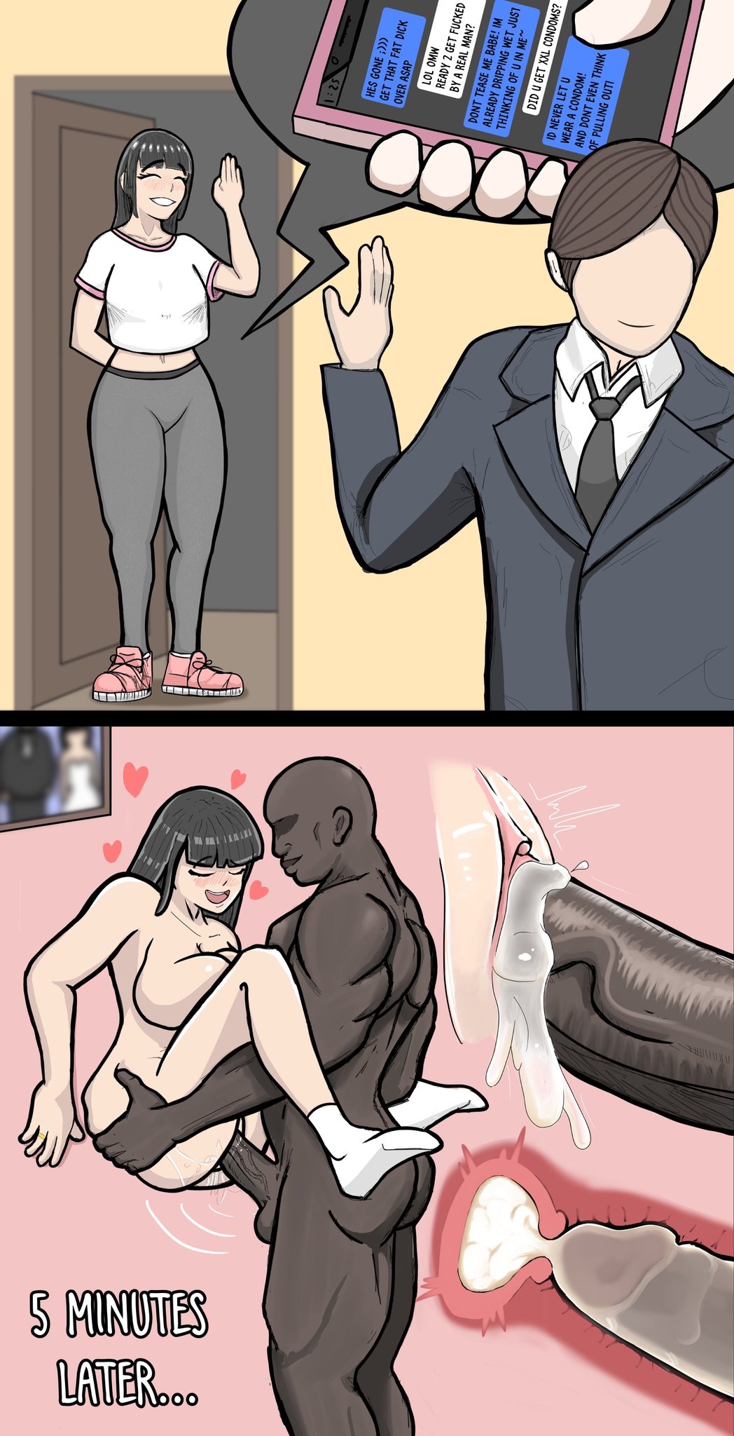 1girls, 2boys, big breasts, big penis, black hair, blush, breasts, cheating, cheating wife, clitoris, closed eyes, clothing, cross section, cuckold, cum, cum in pussy, cum in uterus, cum inside, dark skin, dark-skinned male, english text, female, interracial, large breasts, long hair, male, nipples, nude, open mouth, penetration, penis, pussy, sex, shirt, sissybus, small penis humiliation, spread legs, stand and carry position, standing sex, text, unprotected sex, uterus, vaginal penetration, vaginal sex, white shirt, wide hips
