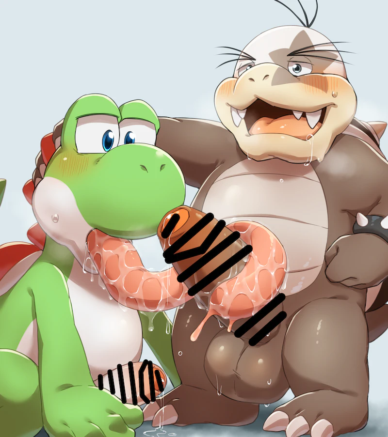 anthro balls blue_eyes blush bodily_fluids censor_bar censored censored_genitalia censored_penis drooling duo erection fellatio foreskin gay genital_fluids genitals green_yoshi hitsuzi_taro11 koopa koopaling long_tongue male male/male mario_(series) morton_koopa_jr. nintendo oral penile penis precum saliva scalie sex sweat tongue tongue_out tonguejob yoshi