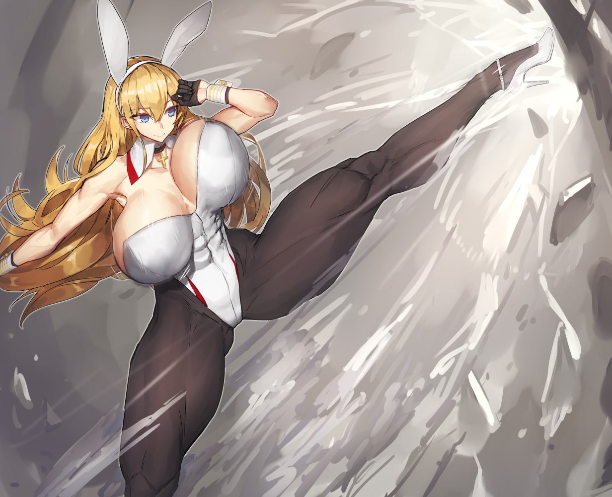 abs, azur lane, big breasts, blonde hair, blue eyes, bouncing breasts, breasts, bunny ears, bunny girl, bunnysuit, female, gloves, high heels, huge breasts, kicking, long hair, melon22, muscular, muscular female, muscular thighs, north carolina (azur lane), pantyhose